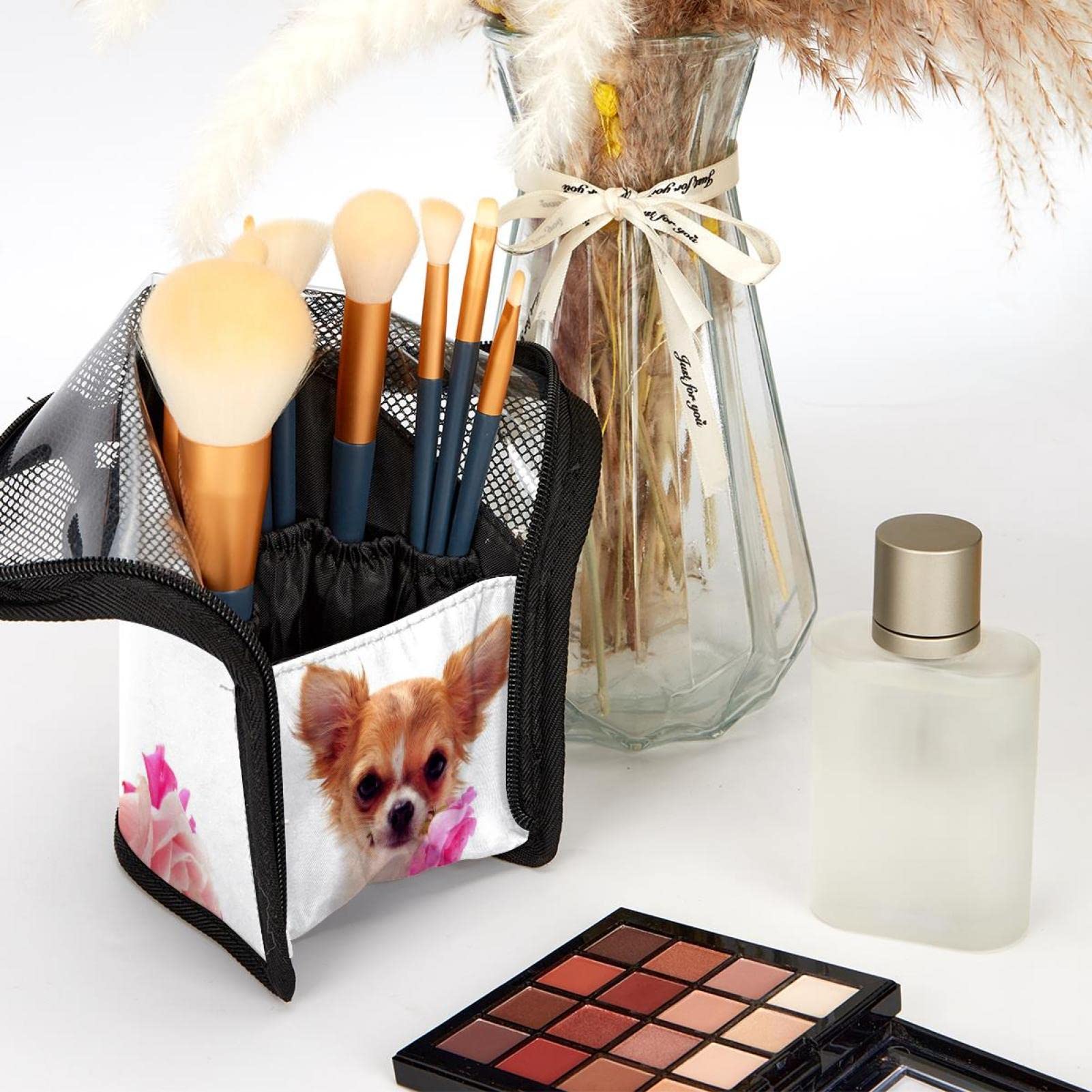Premium 12-Piece Makeup Brush Organizer Bag with Chihuahua & Rose Design - Portable Makeup Brush Holder Case for Travel, Home Vanity & Professional Makeup Artists