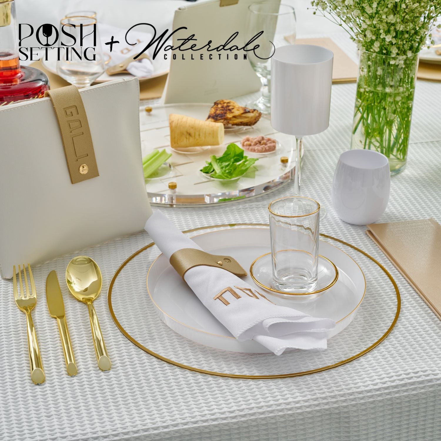 Pearl White & Gold Disposable Plastic Party Tableware Set - 30-Piece Elegant Dinnerware Bundle for Weddings, Birthdays & Special Events