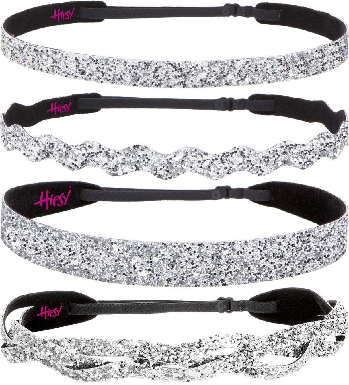 Stylish Plus Size Adjustable No Slip Sparkly Bling Headbands 4-Pack for Women, Girls & Teens - Silver Glitter Mix | Perfect for Workouts, Parties & Everyday Fashion