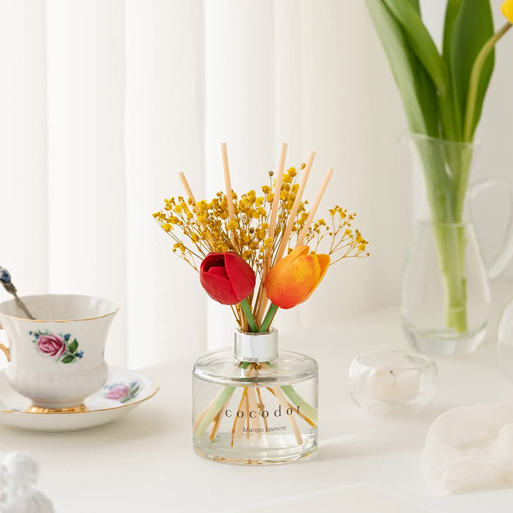 COCODOR Tulip Reed Diffuser 200ml - Floral Scented Home Fragrance Oil Diffuser with Natural Rattan Reeds, Long-Lasting Aromatherapy for Living Room, Bedroom, Bathroom & Office - Perfect Gift for Women