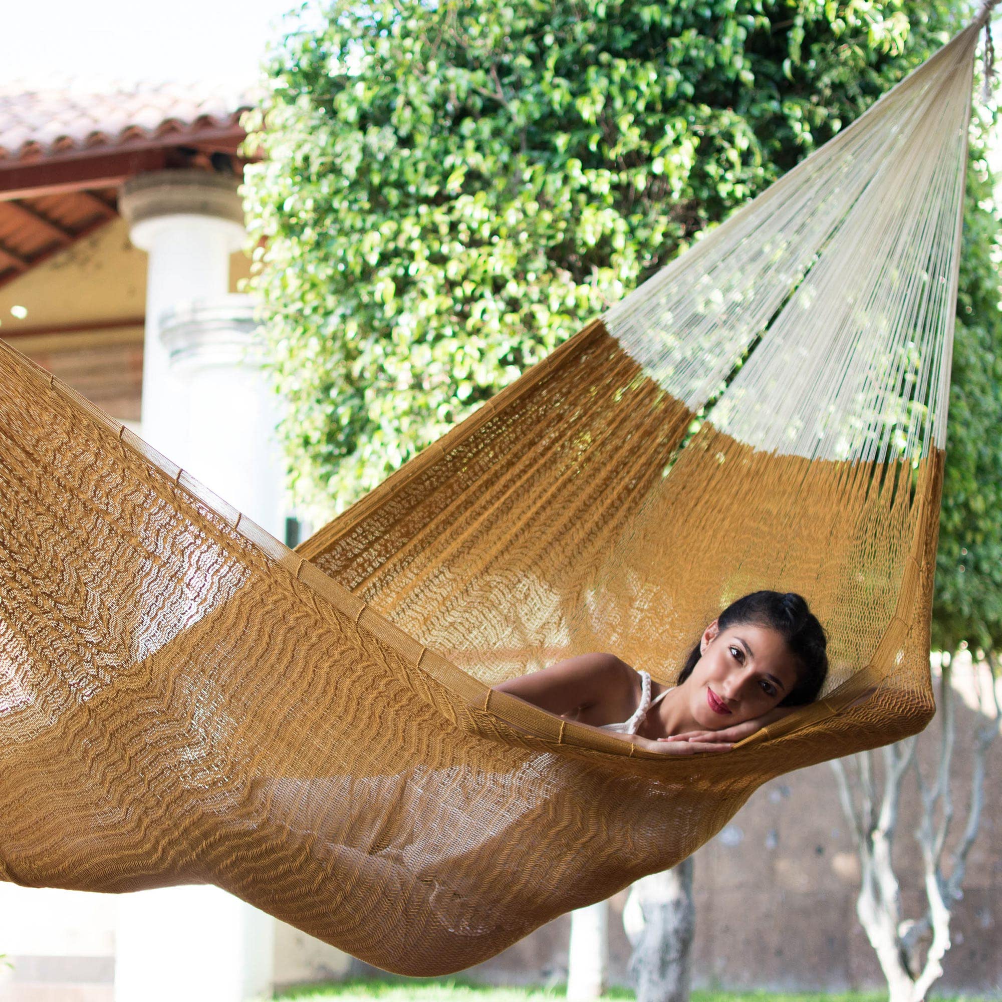 Large Brown Handwoven Cotton Mayan Matrimonial XXL Rope Hammock - Family Size Hammock for Outdoor Relaxation, Caribbean Sun Triple Weave - Perfect for Backyard, Beach & Patio Lounging