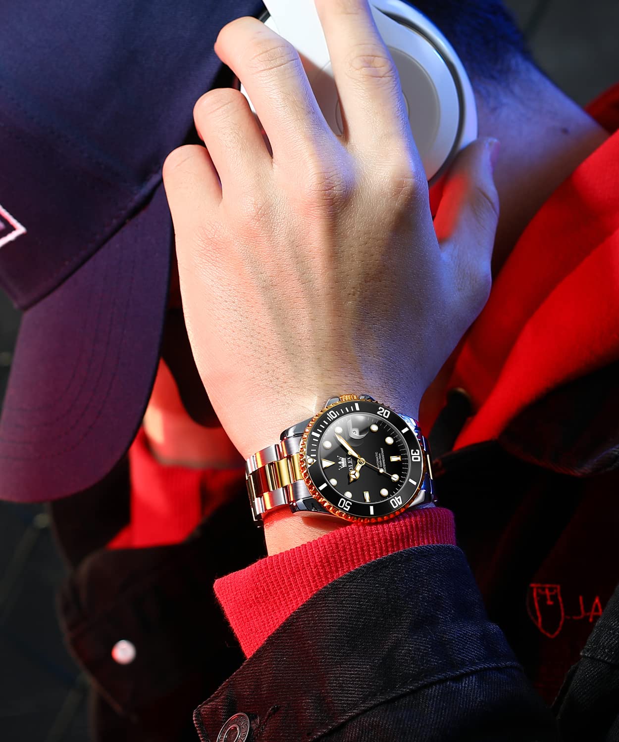 OLEVS Men's Automatic Self-Winding Mechanical Watch - Gold/Silver Stainless Steel Luxury Dress Watch with Big Face, Date Window, Waterproof & Luminous Rotating Bezel - Perfect for Business, Formal Events & Everyday Wear