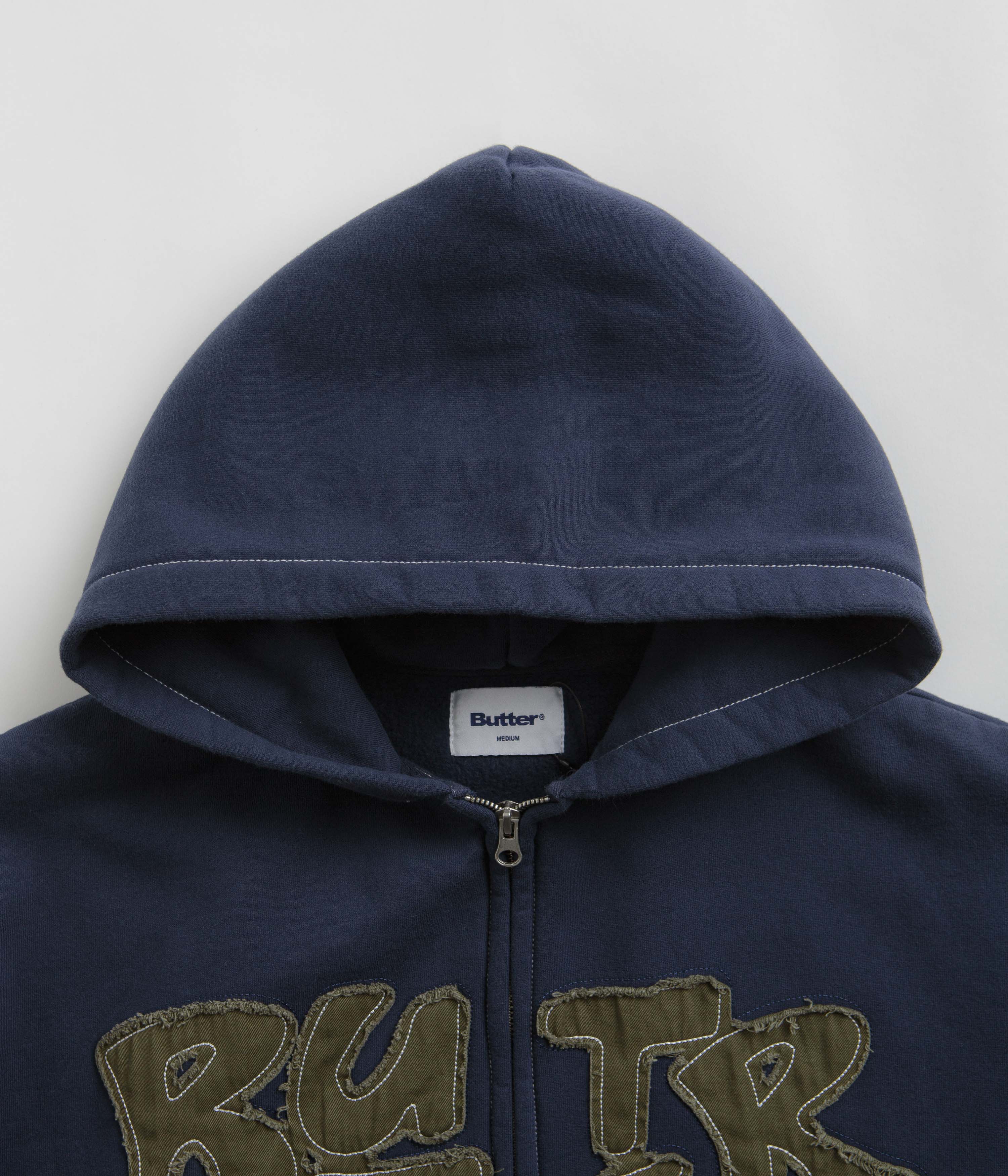 Butter Goods Fabric Applique Zip Thru Hoodie for Men & Women - Navy Blue Pullover with Stylish Design - Perfect for Streetwear, Casual Outfits & Everyday Wear