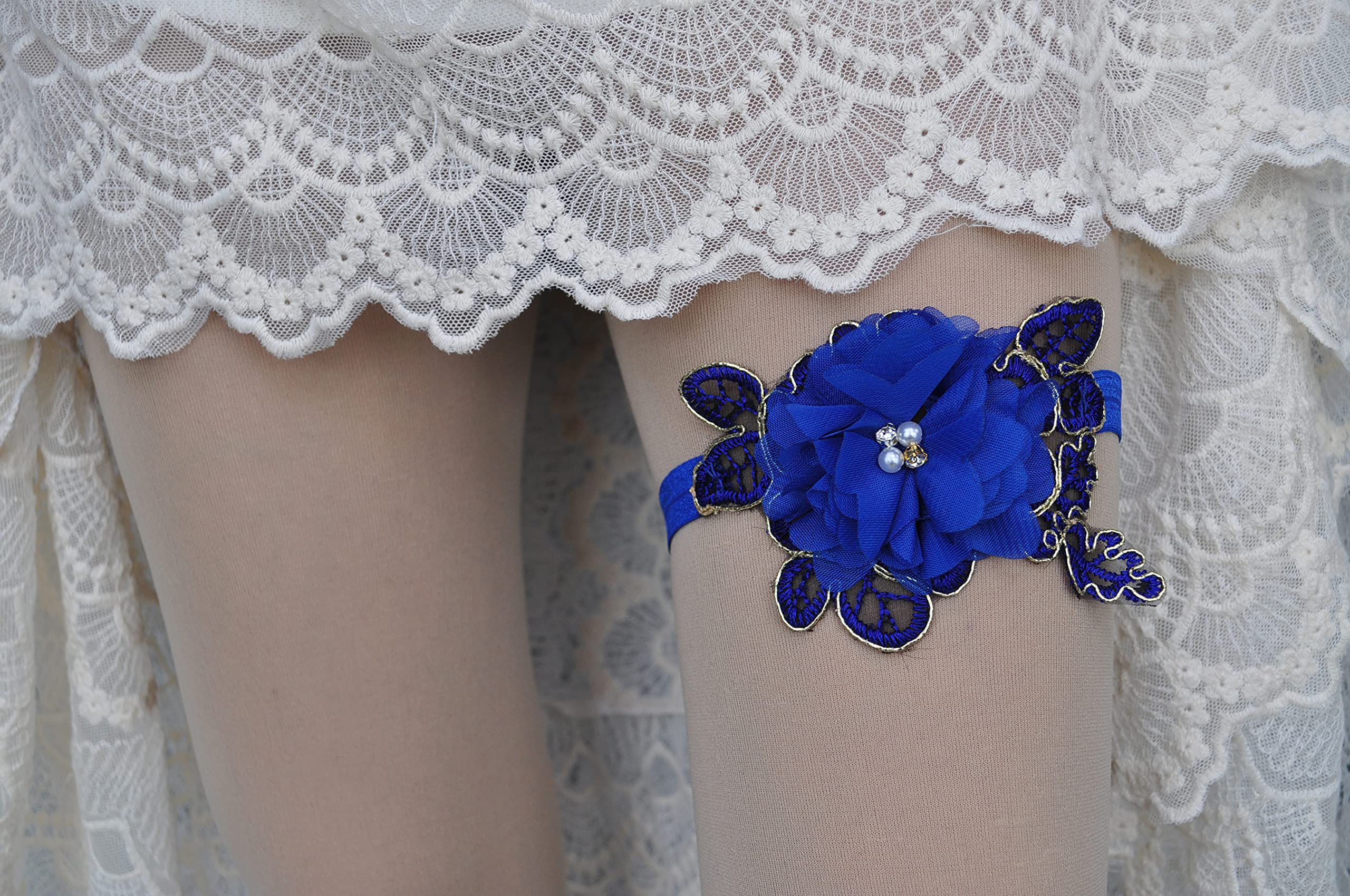 Elegant Wedding Garter for Bride - Pearl Embellished Single Garter in Royal Blue | Perfect for Weddings, Halloween & Boudoir Photography (W011)