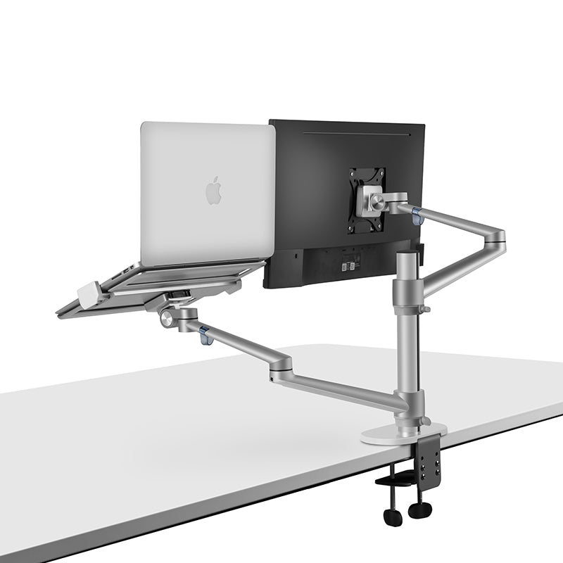 Adjustable Aluminum Dual Monitor Stand for 17-32 Inch Screens & Laptop Mount (12-17 Inch) - Ergonomic Desk Clamp for Home Office, Gaming & Workspace Setup