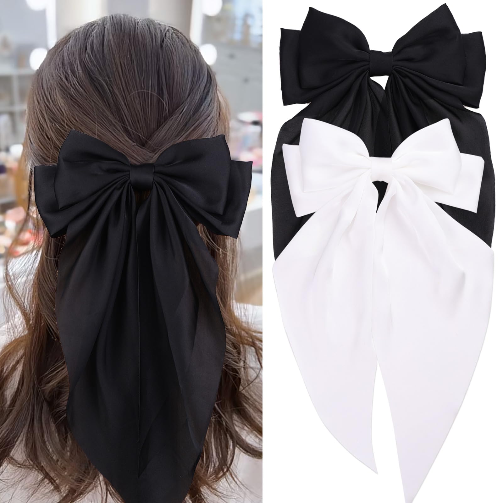 MRJ 2 Pack Large Satin Hair Bows for Women & Girls - Elegant Hair Ribbon Clips with Metal Barrettes, Aesthetic Bowknot Hair Accessories for Parties, Weddings & Everyday Style