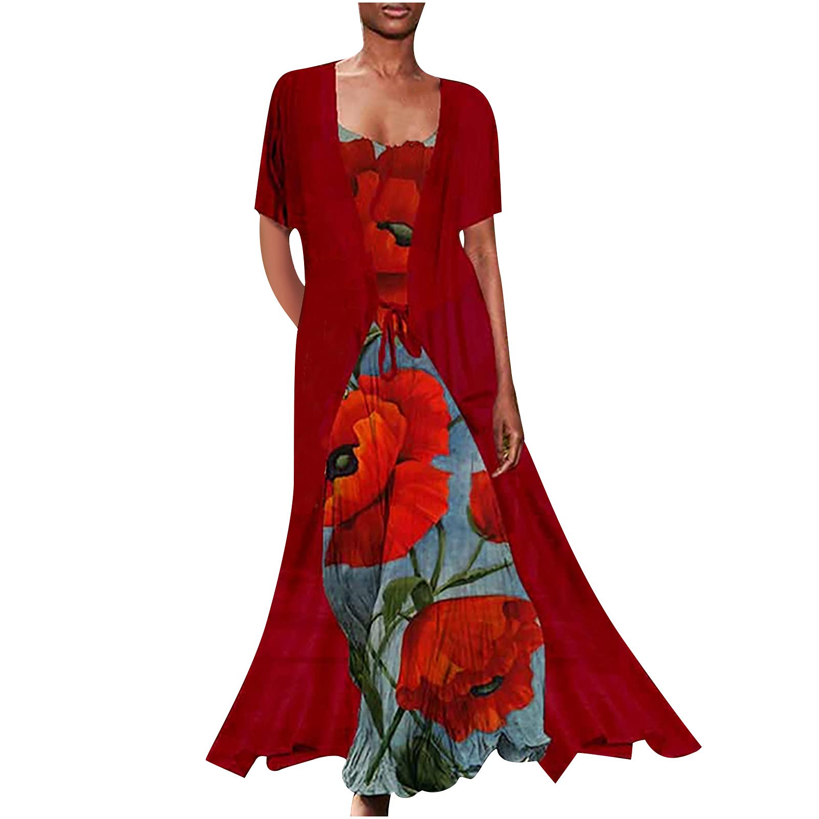 Floral Print Chiffon Two-Piece Maxi Dress for Women - Spaghetti Strap Sundress with Long Jacket 2-Piece Set | Wedding Guest, Beach Vacation, Summer Party, Formal Occasion Outfit