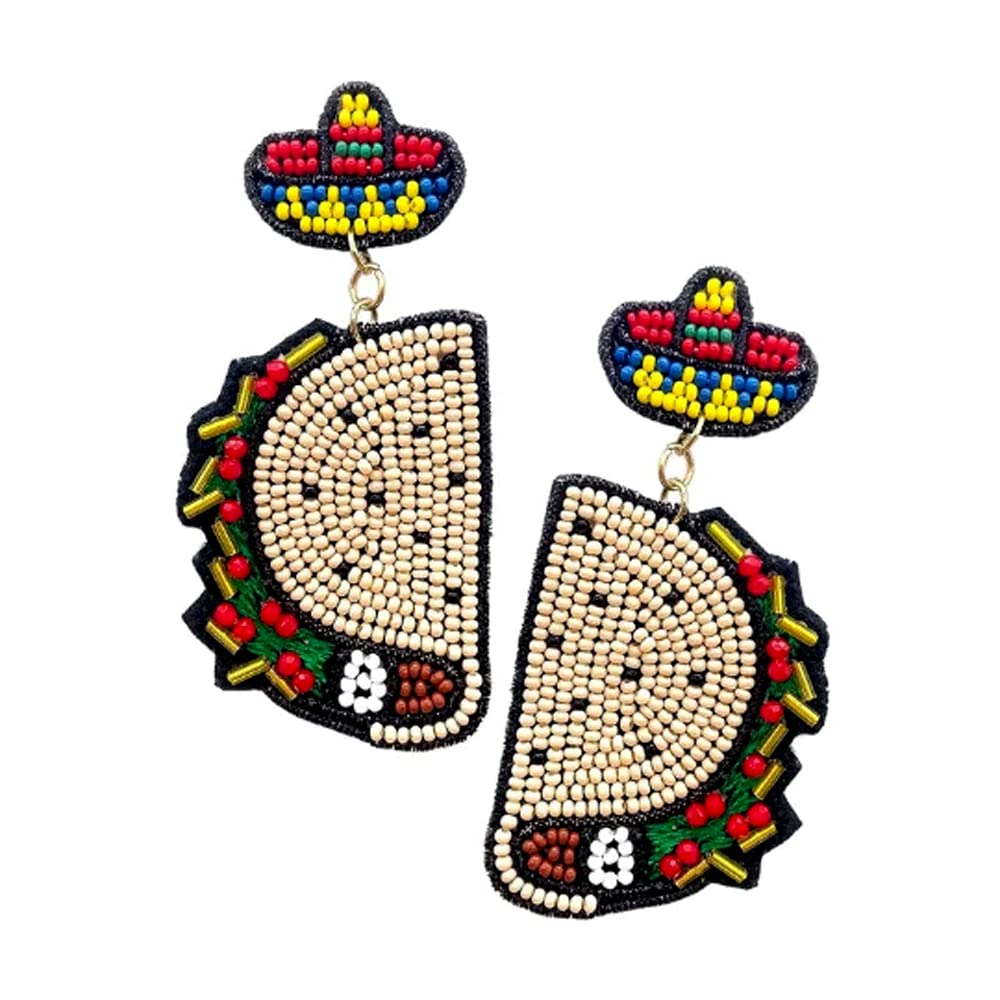 Large Seed Beaded Taco Dangle Earrings - Mexican Sombrero & Fiesta Party Jewelry for Cinco de Mayo Celebrations - Perfect for Festivals, Themed Parties & Cultural Events