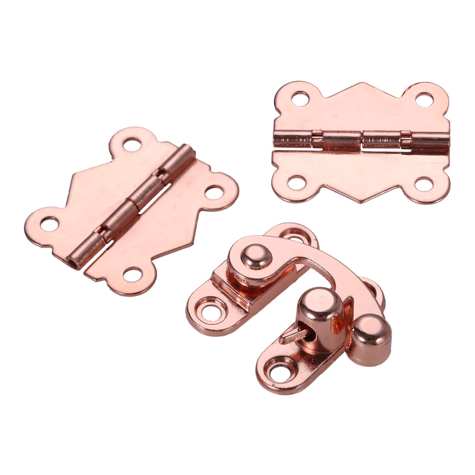 3-Piece Rose Gold Cabinet Hinges Set - Decorative Drawer Hinges with Wooden Box Buckle Hasp Latch Lock for Furniture Hardware - Perfect for Home Decor, Wardrobe, Kitchen Cabinets & DIY Projects