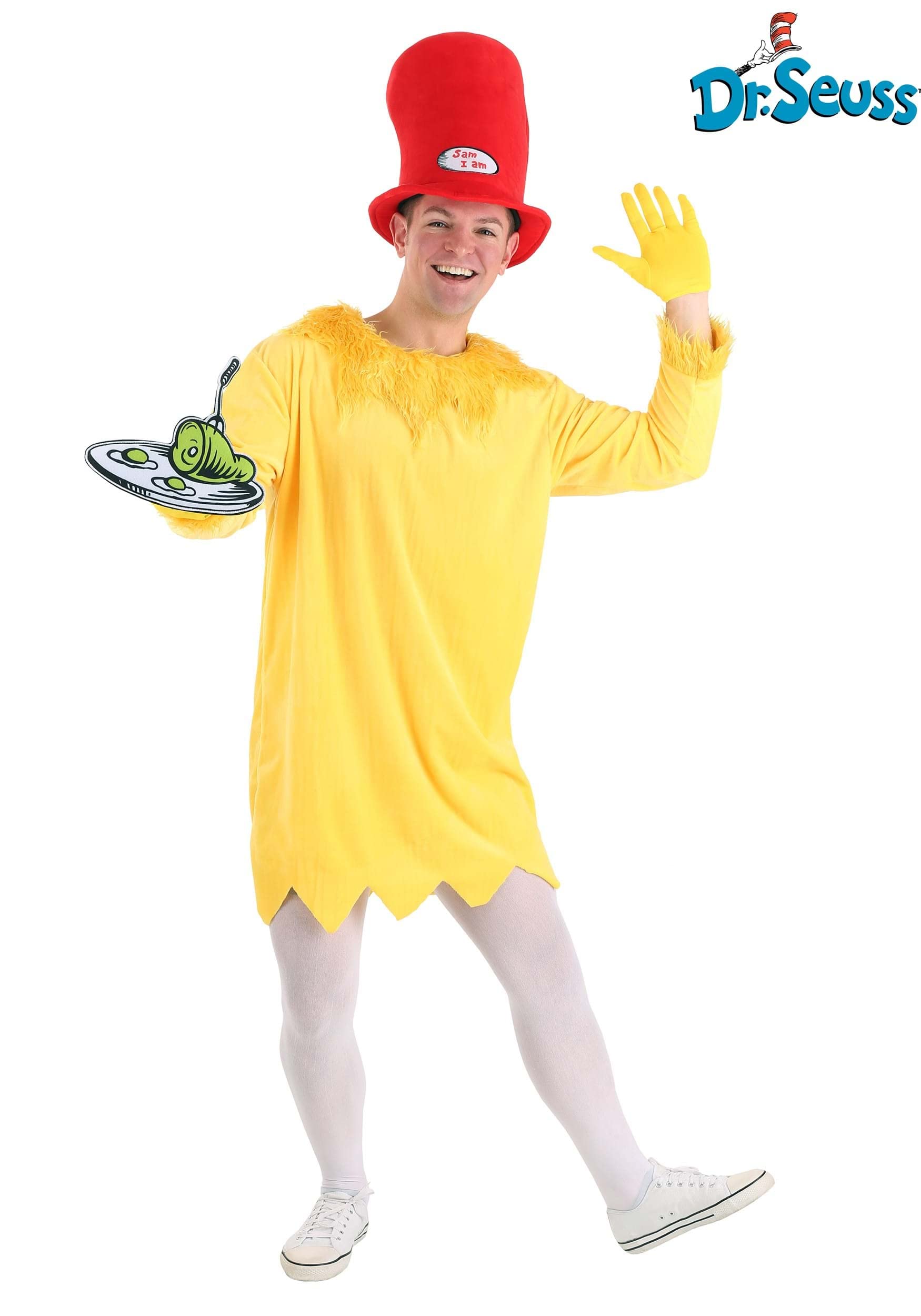 Dr. Seuss Sam I Am Officially Licensed Adult Costume - Velour Tunic, Adjustable Hat, Faux Fur Collar & Felt Tray for Halloween, Cosplay & Book-Themed Parties
