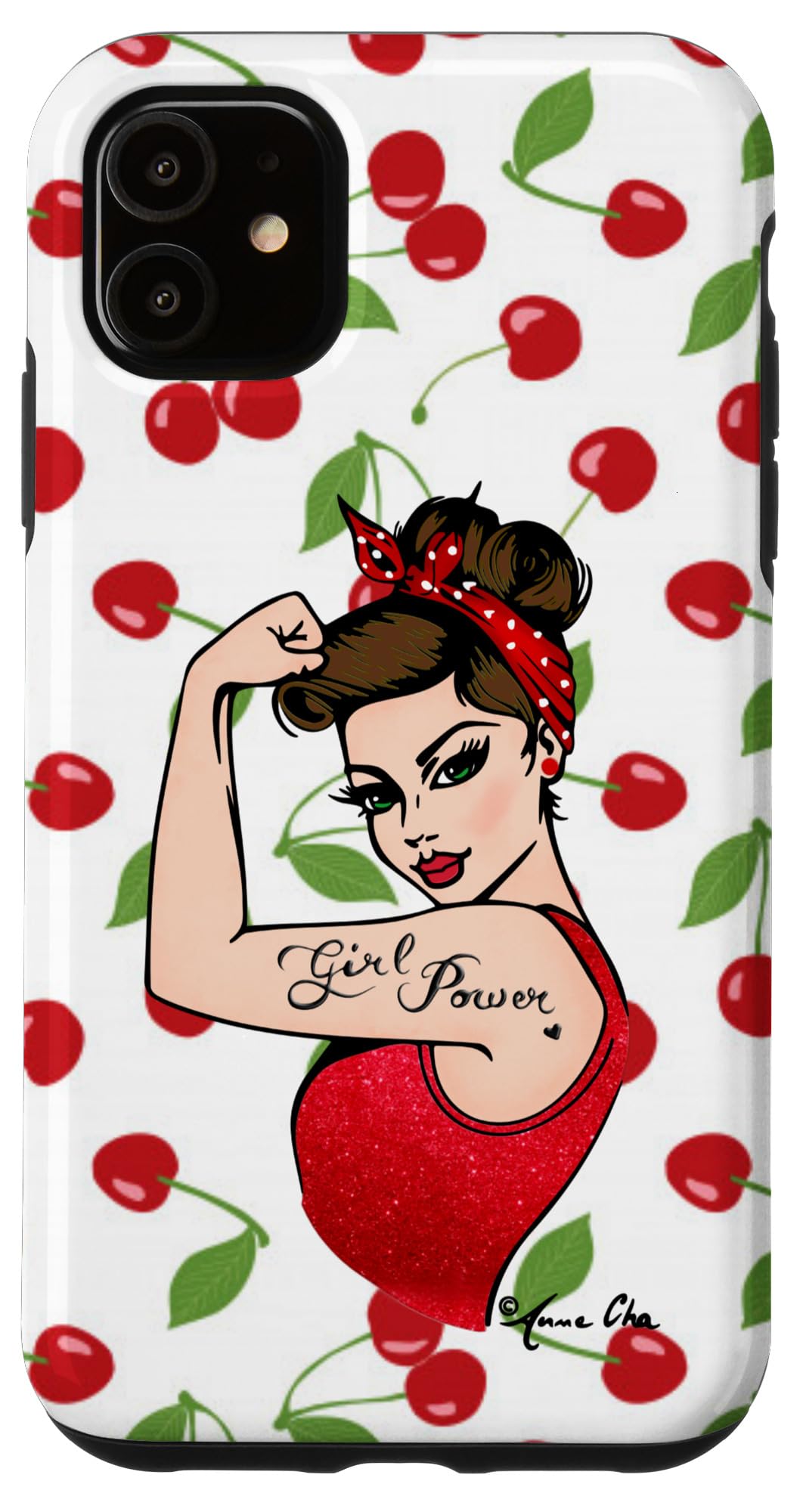 iPhone 11 Case for Women - Vintage Cherry Pin Up Retro Design with Rosie the Riveter Girl Power Theme | Perfect for Everyday Use, Gift Giving & Vintage Style Lovers