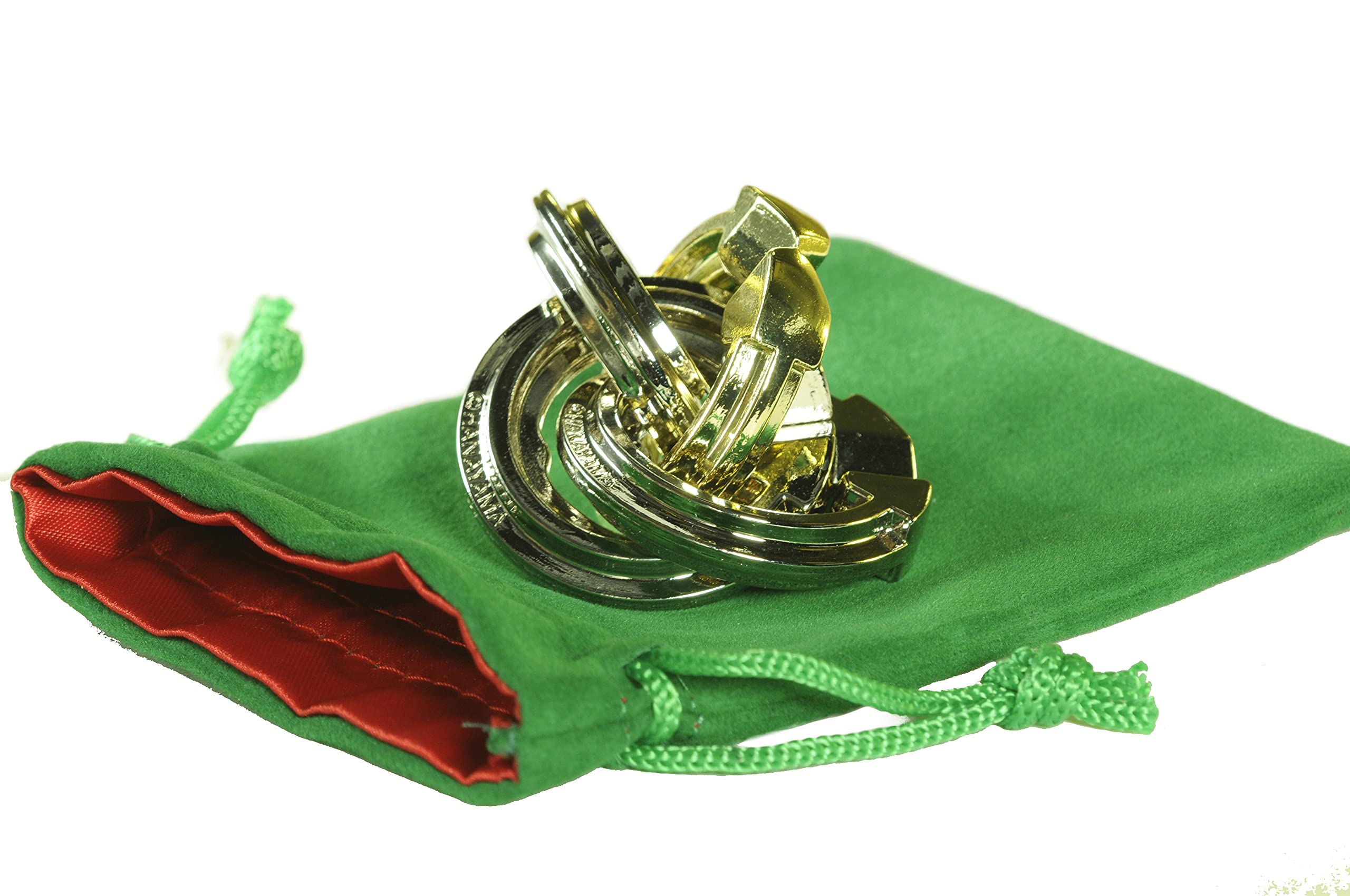 Hanayama Cyclone Puzzle - Challenging Metal Brain Teaser Game with Green Velveteen & Red Satin Drawstring Pouches (2021 Edition) | Perfect for Office Stress Relief, Travel Entertainment, and STEM Learning Activities