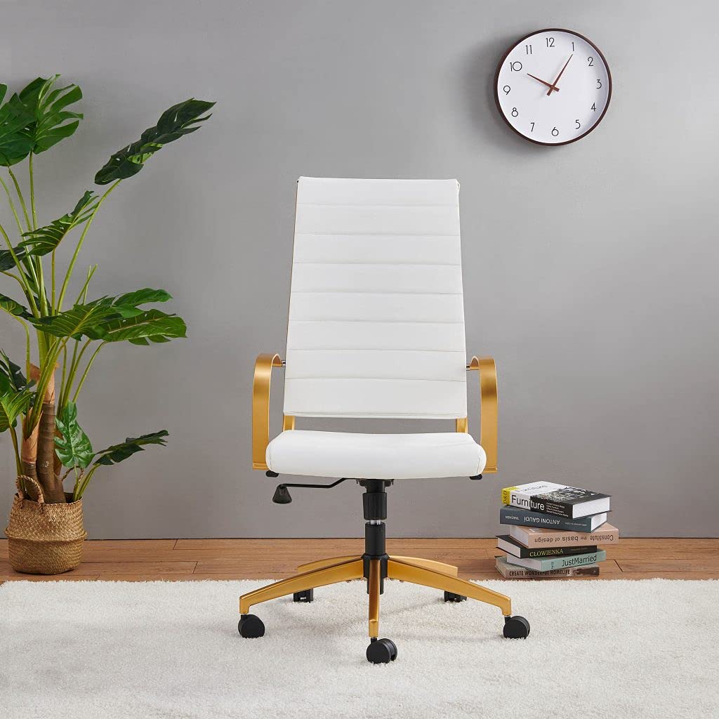 Modern Gold Ergonomic Office Chair with Wheels & Adjustable Arms - High Back Leather Executive Desk Chair for Home & Office - Comfortable Computer Chair for Long Hours (GD-White) - Perfect for Workspaces, Gaming & Conference Rooms