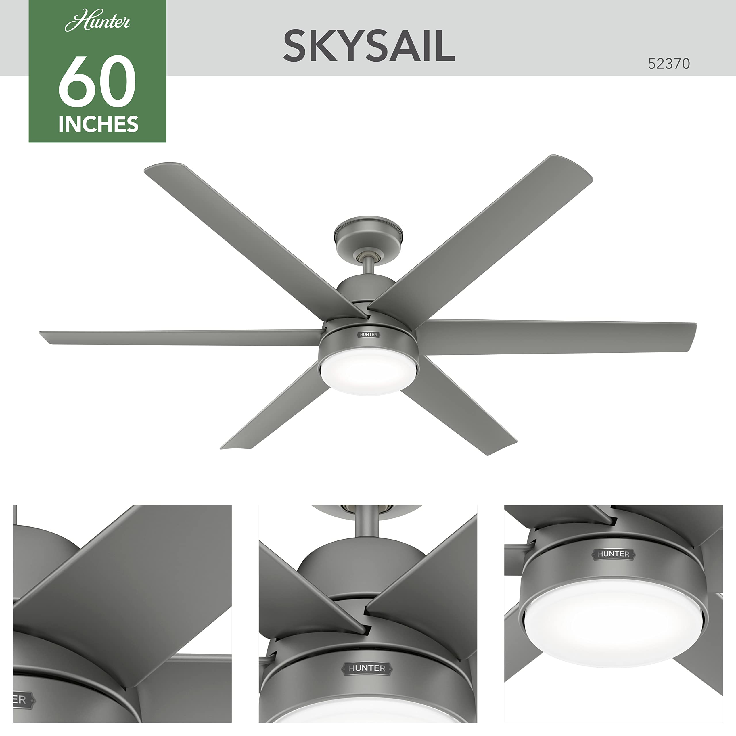 Hunter Fan Company 52370 Skysail Ceiling Fan with Light Kit, 52 Inch Fresh White - Modern Indoor Cooling for Living Room, Bedroom & Office