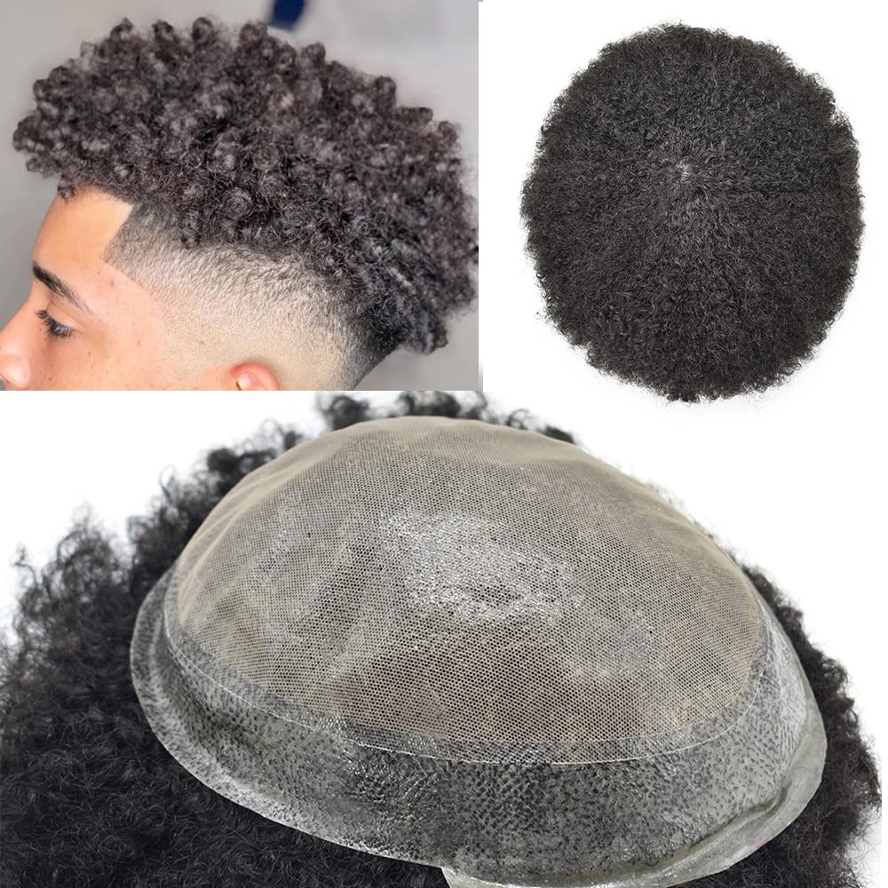 Afro Toupee for Black Men - 100% Human Hair Piece 8''X10'' Cuttable - African American Curly Unit (10mm Wave, Jet Black #1) - Perfect for Daily Wear, Cosplay & Hair Loss Solutions