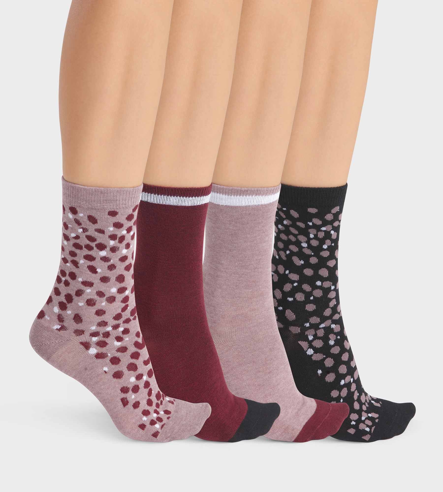 4 Pairs Women's Socks Set - Black & Burgundy Speckled Design - Eco-Friendly & Comfortable - Perfect for Casual Wear, Workouts & Daily Use