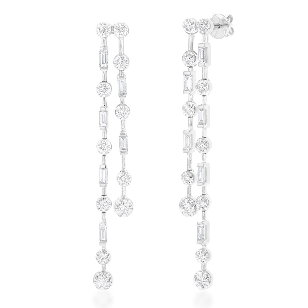 18ct White Gold Drop Diamond Earrings with Round & Baguette Cut Diamonds | Elegant Dangle Earrings for Women | Perfect for Weddings, Parties & Special Occasions