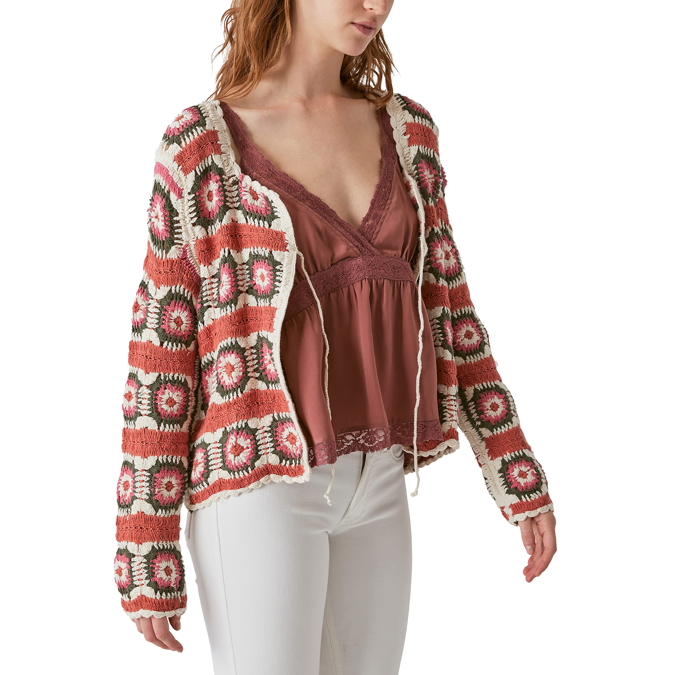 Lucky Brand Women's Geo Crochet Cardigan - Lightweight Open Front Sweater for Spring & Summer | Boho Chic Lace Cover-Up for Beach, Vacation & Casual Outfits