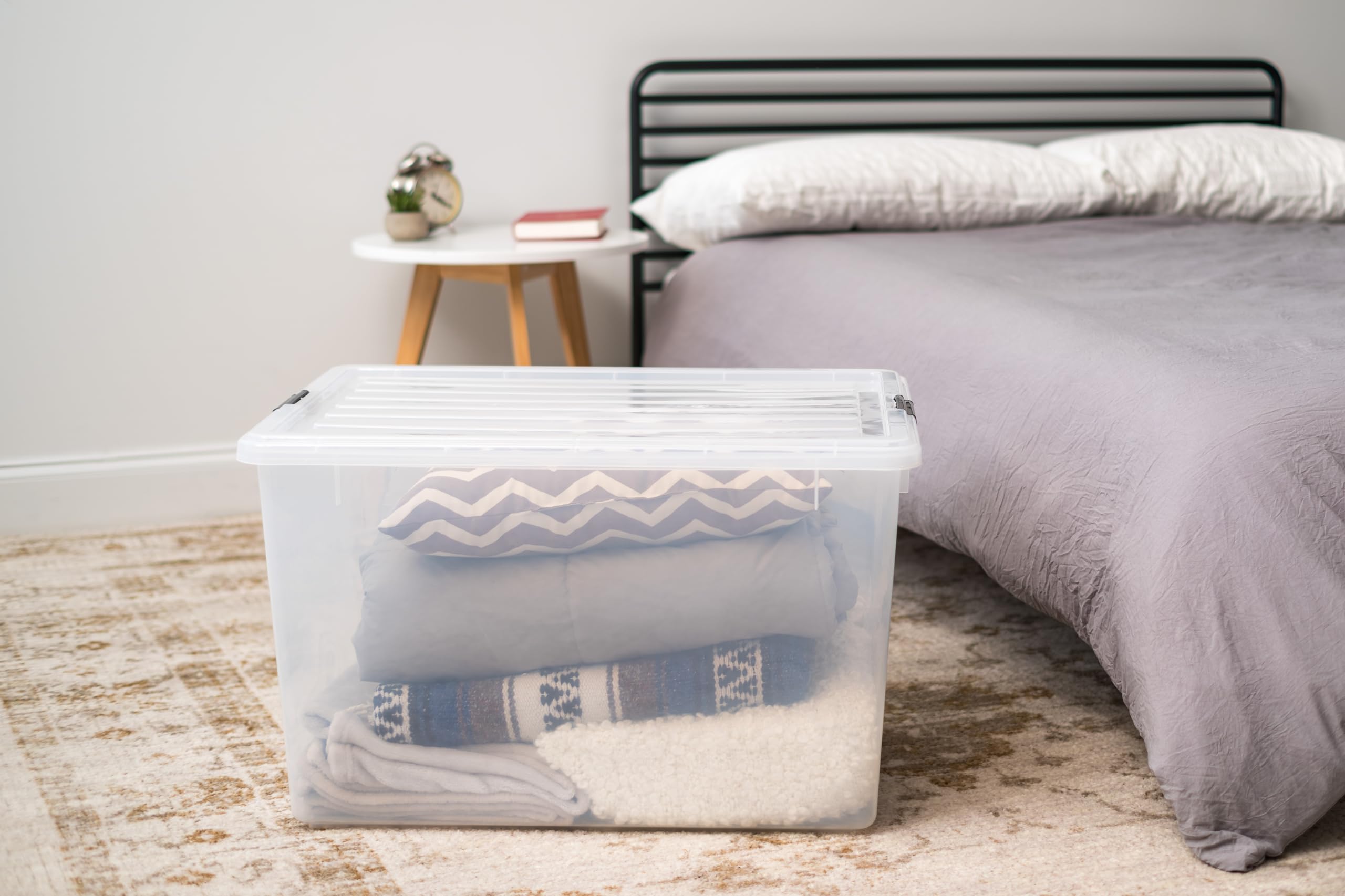 IRIS USA 144 Qt Stackable Plastic Storage Bins with Lids, 3-Pack BPA-Free Clear Storage Containers - Durable See-Through Organizing Solution with Secure Latches & Pull Handles - Perfect for Home Organization, Garage Storage & Closet Decluttering - Made in USA