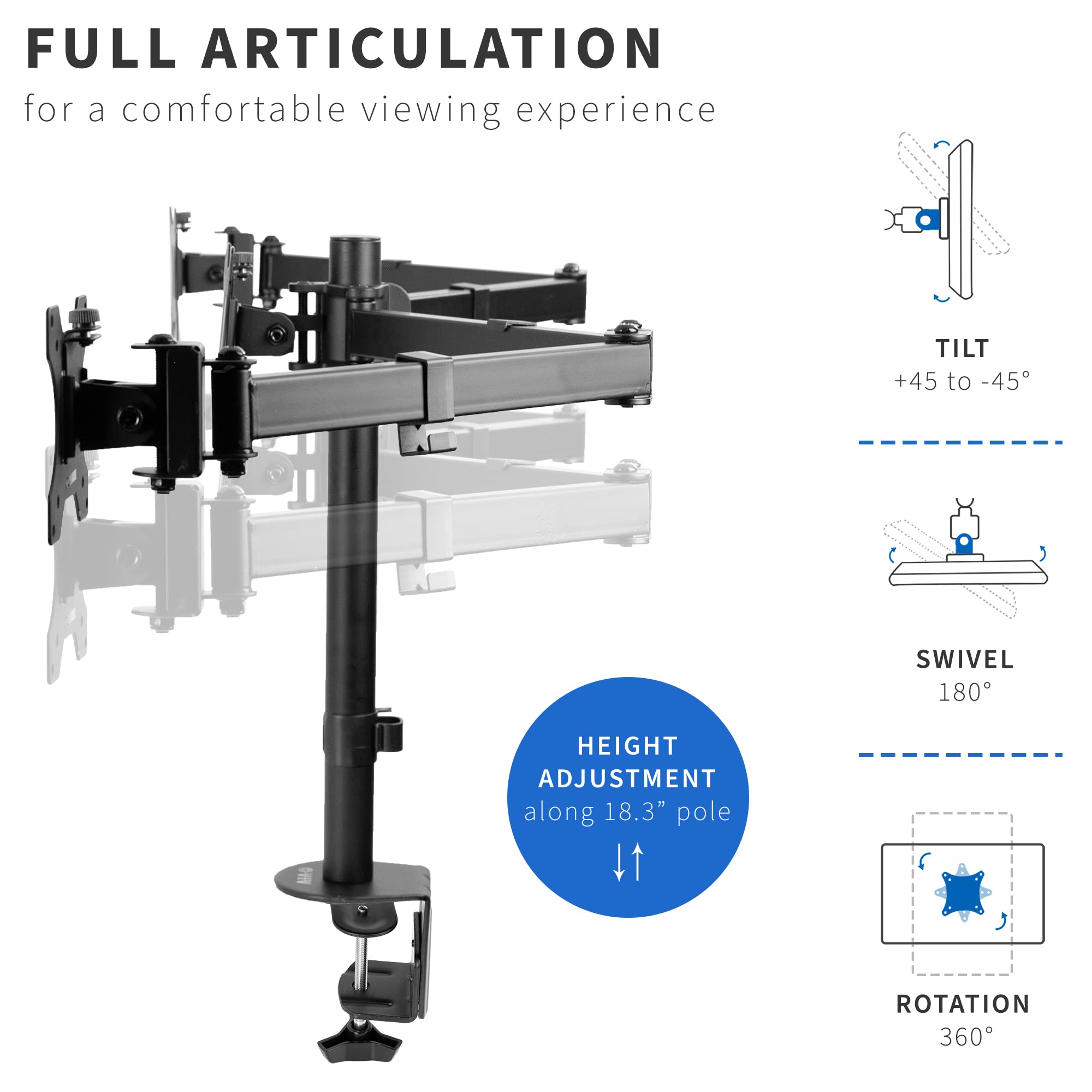 VIVO Triple Monitor Stand for 24 Inch Screens - Adjustable Articulating 3 Screen Desk Mount with Full Motion Tilt, Swivel & Rotation - Heavy Duty Black Monitor Arm STAND-V003Y for Home Office, Gaming & Workspace Setup