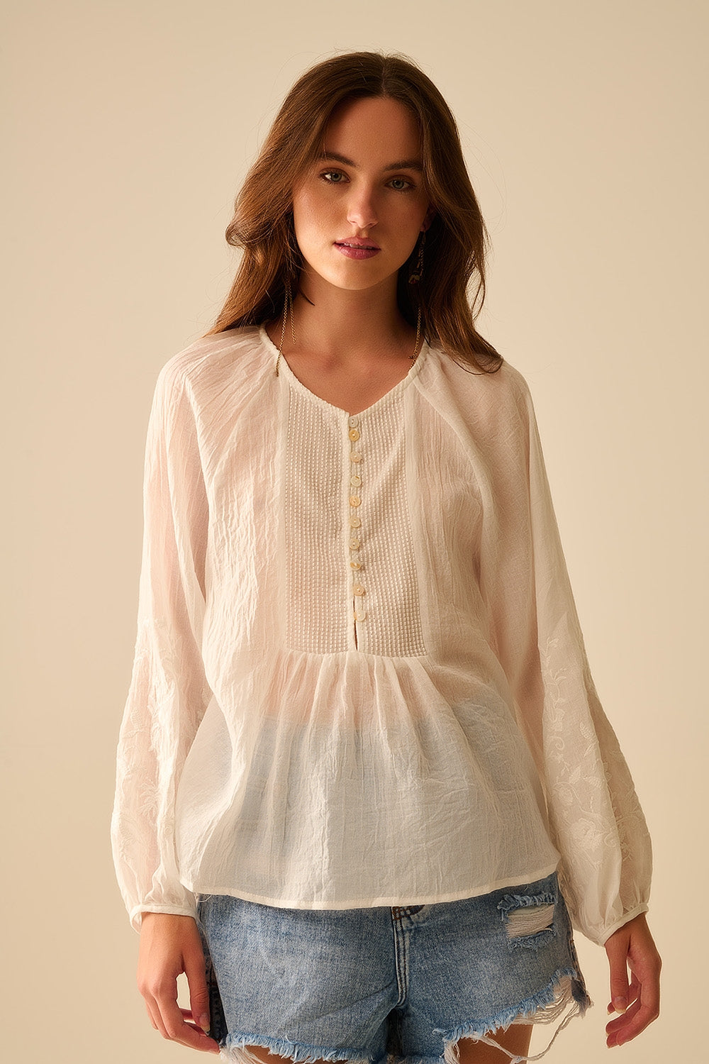 White Silk Chiffon Blouse with Embroidered Sleeves - Elegant Women's Top for Office, Party & Special Occasions