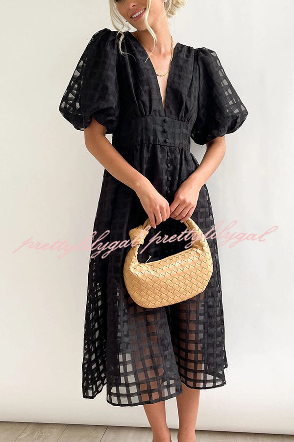 Elegant Square Pattern Puff Sleeve Midi Dress for Women - Perfect for Summer Weddings, Garden Parties & Date Nights