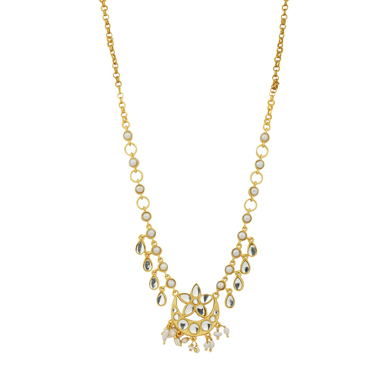 Exquisite Chaand Phool Necklace with Mirror Polki & Pearls – Handcrafted Indian Jewelry for Weddings, Festivals & Special Occasions