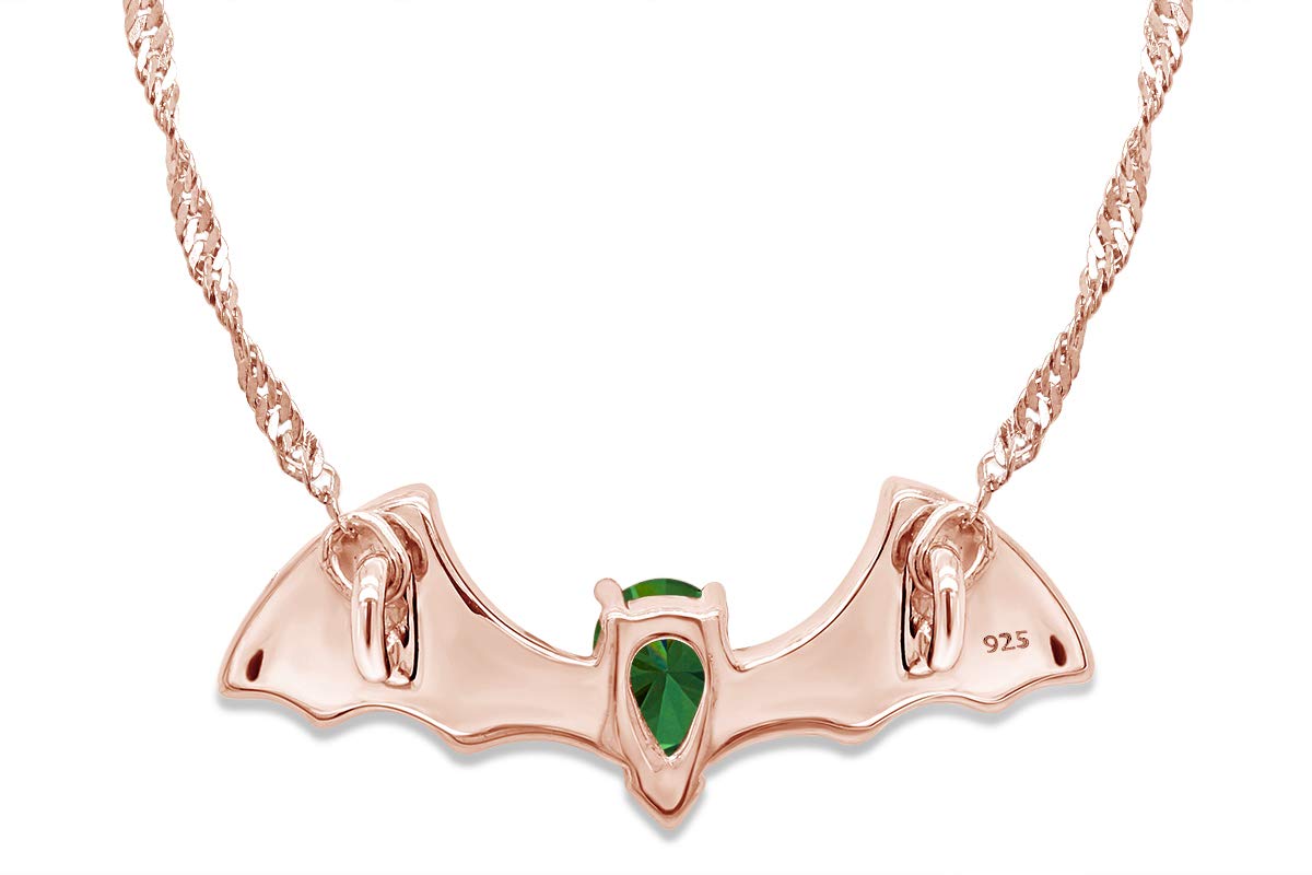 925 Sterling Silver Pear Shape Simulated CZ Flying Bat Pendant Necklace - Gothic Jewelry for Halloween, Cosplay & Vampire Themed Outfits
