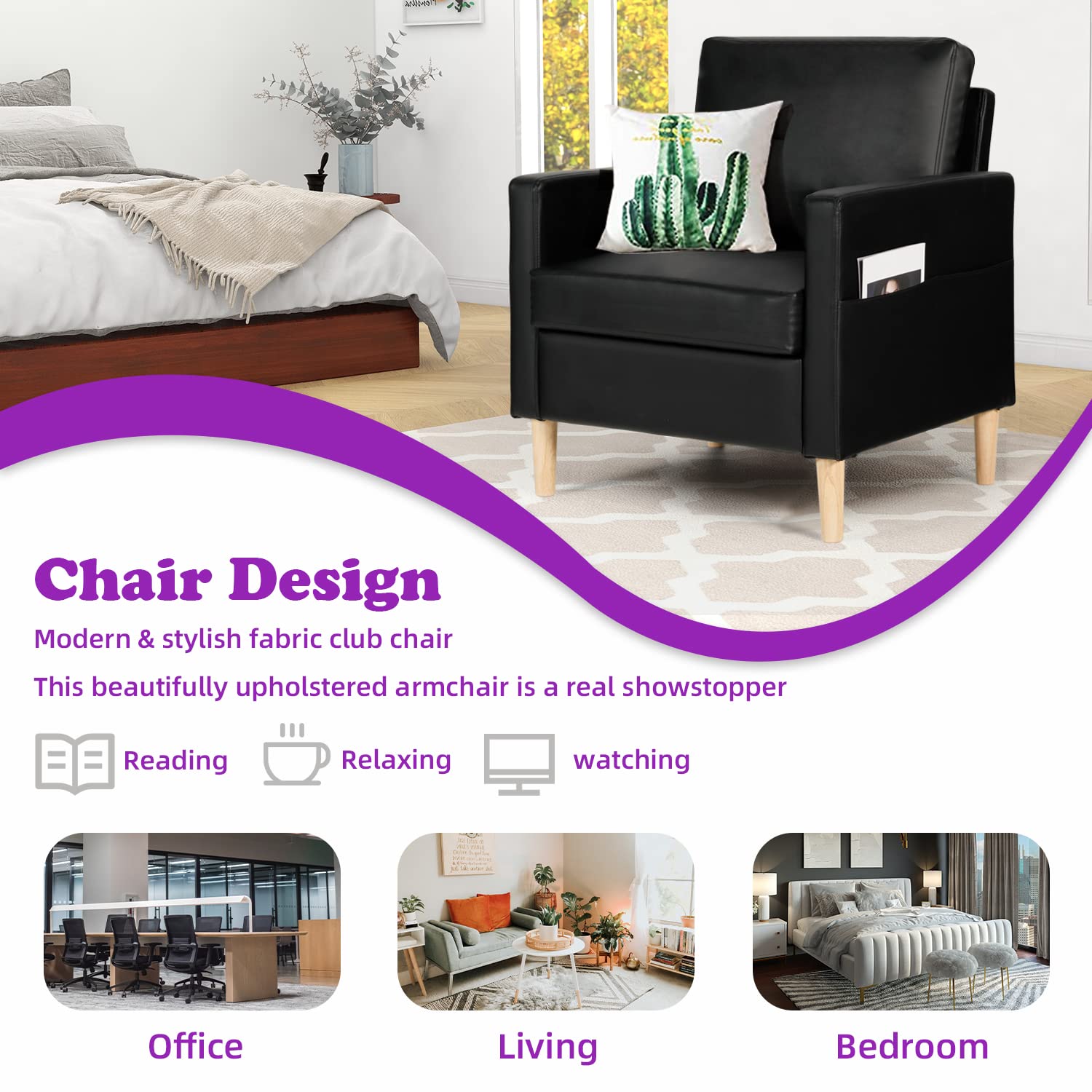 TYBOATLE Faux Leather Accent Chair - Mid-Century Modern Upholstered Armchair with Armrest Pockets, Comfortable Single Seater for Living Room, Bedroom & Office - Perfect for Reading, Lounging & Relaxing (Black)
