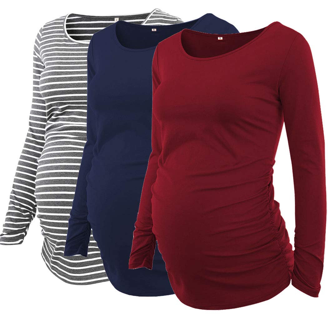 Ecavus 3-Pack Women's Maternity Tunic Tops - Long Sleeve Side Ruched Pregnancy Shirts for Comfort & Style | Perfect for Work, Casual Wear & Baby Showers