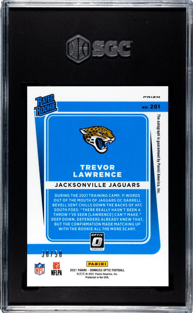 2021 Donruss Optic Trevor Lawrence Purple Stars Rookie Auto 30/50 #201 SGC 9 Graded Football Card - Perfect for Collectors, Investors & Sports Memorabilia Displays
