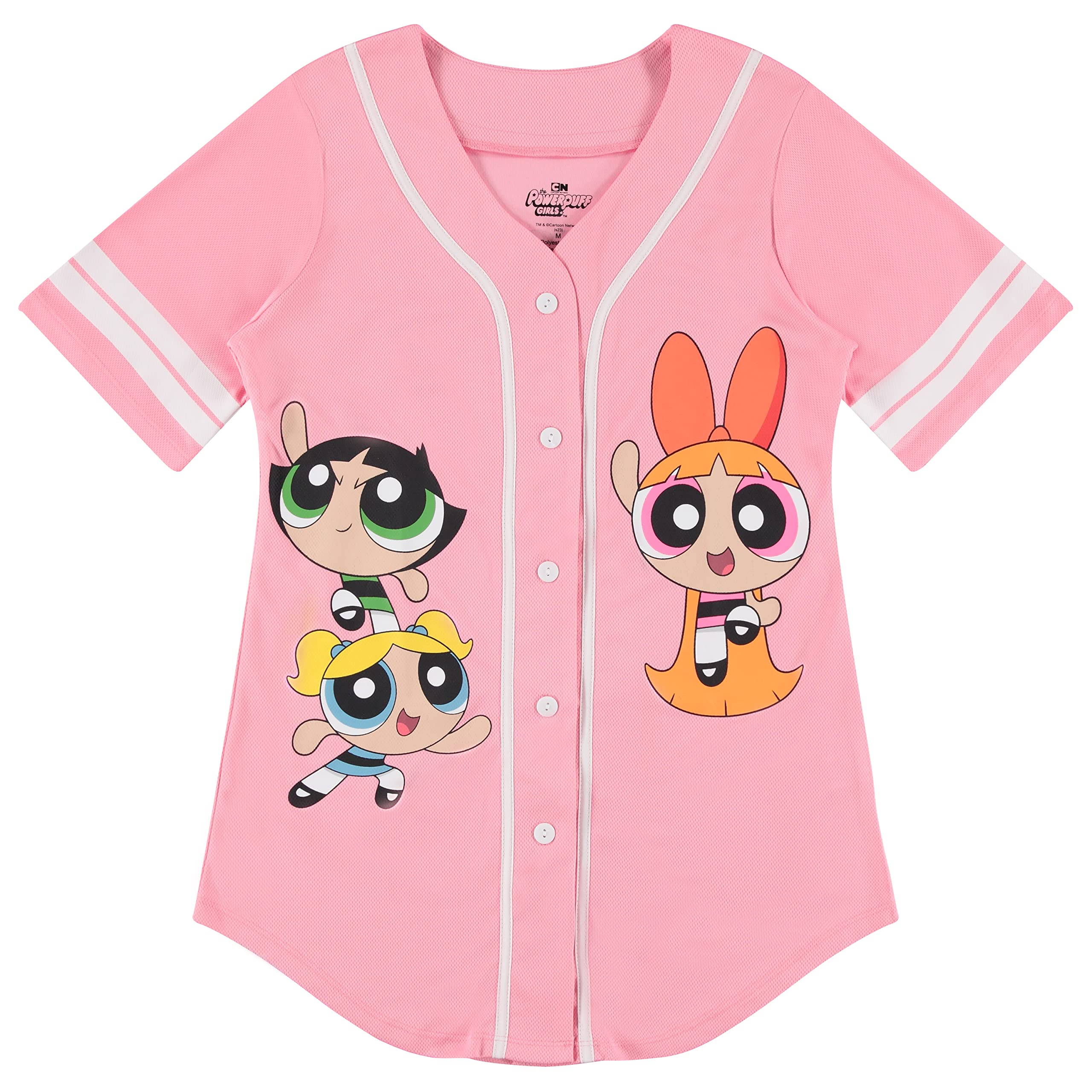 Powerpuff Girls Women's Baseball Jersey - Blossom, Bubbles & Buttercup Mesh Button Down Shirt for Cosplay, Anime Conventions & Casual Wear