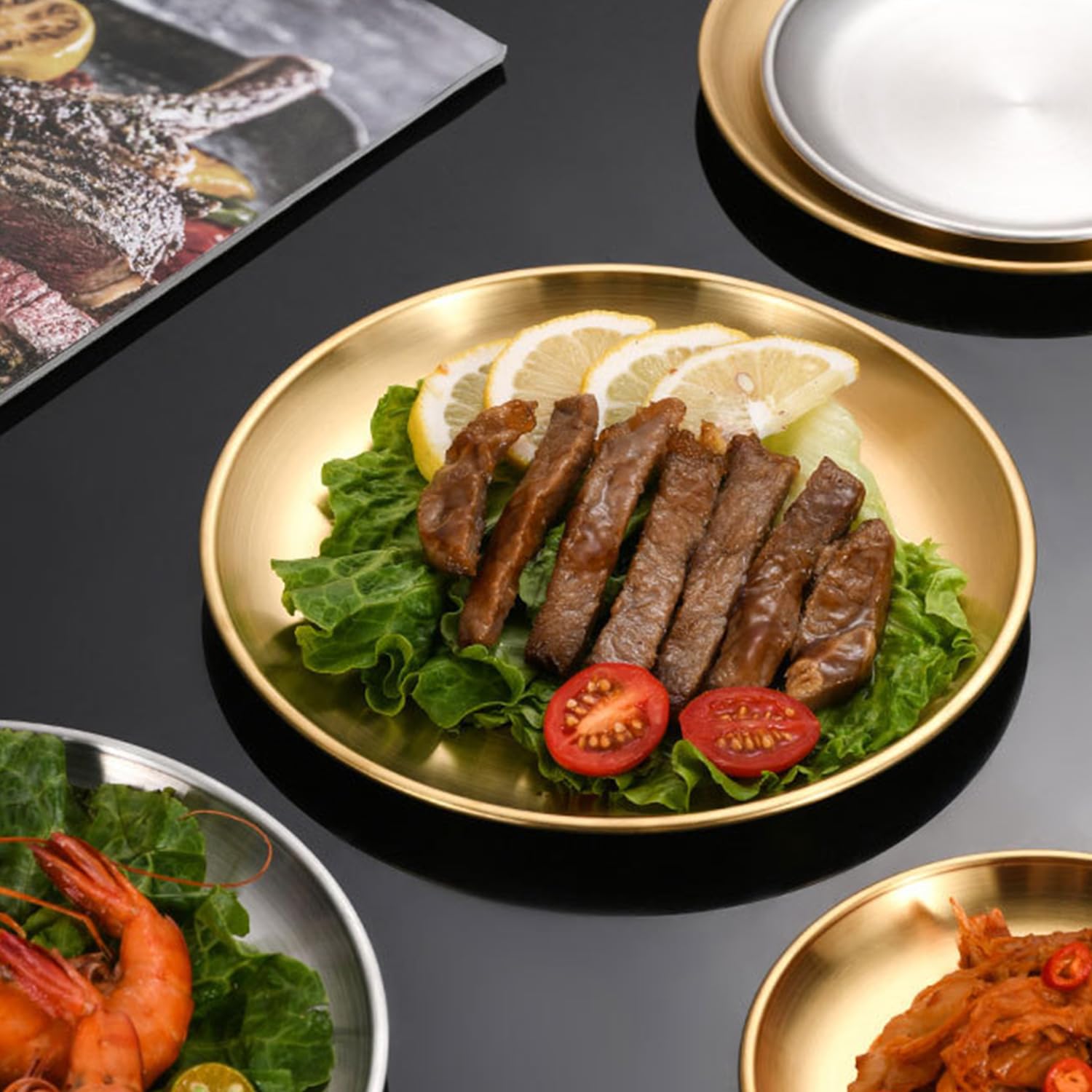 Stainless Steel 304 Gold Dinner Plates 10inch 4Pcs - Unbreakable for BBQ, Camping & Party
