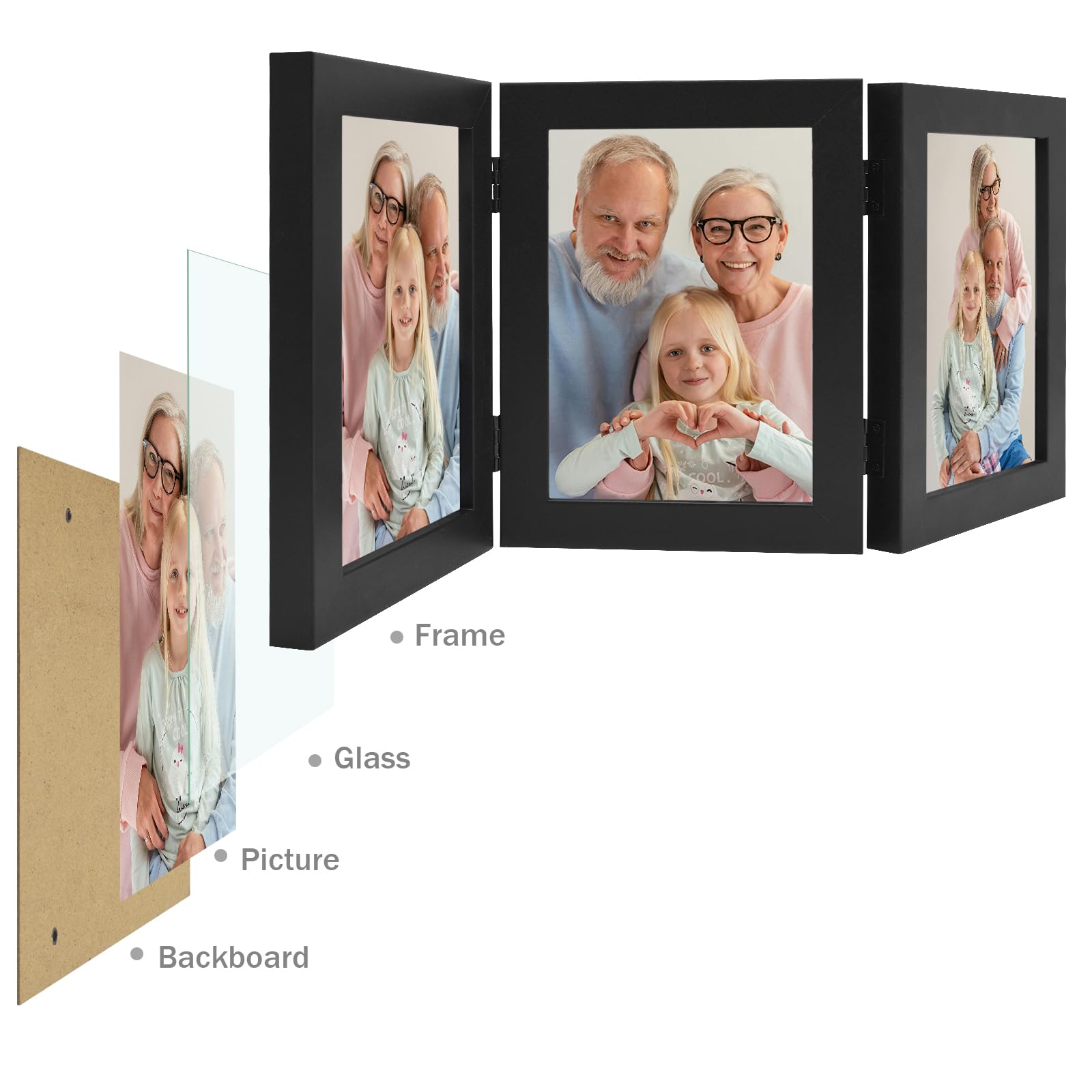 Frametory 5x7 Triple Picture Frame - Black Trifold Photo Collage with Glass Front for Tabletop Display | Perfect for Family Photos, Wedding Memories, and Home Decor (1 Pack)