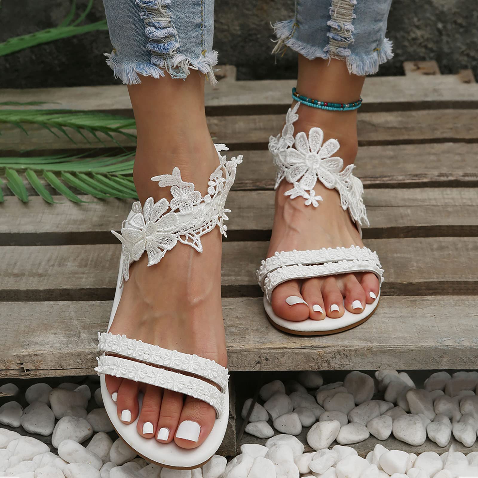 **POTTON Women's Casual Flat Sandals - Plus Size Two Strap Rhinestone Flower Bridal Sandals in White | Perfect for Beach, Wedding & Summer Outfits**