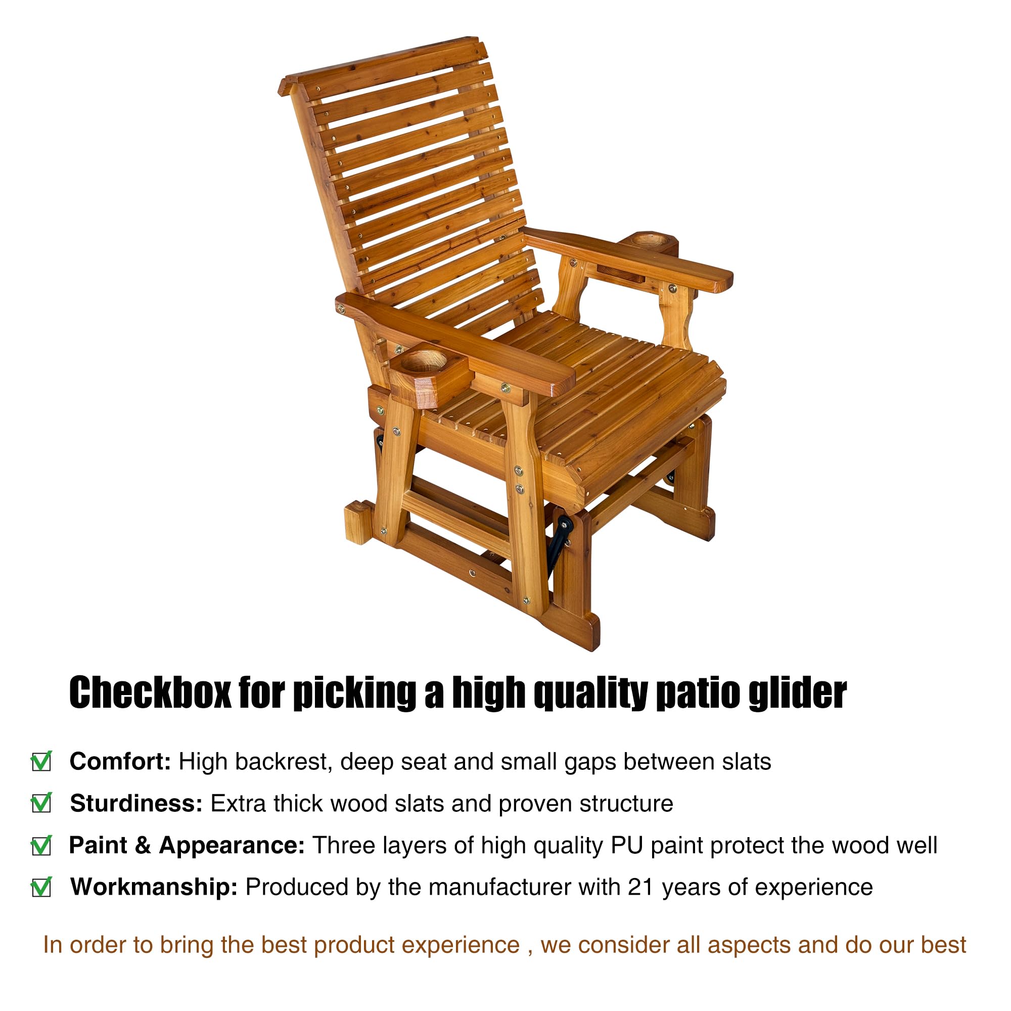 Fortune Candy Wooden Patio Glider - Single Person Outdoor Swing Chair with High Backrest & Deep Contoured Seat, Solid Fir Wood Construction, 600 LB Weight Capacity (Cedar Tone, Bridge Back) - Perfect for Porch, Garden, Deck Relaxation