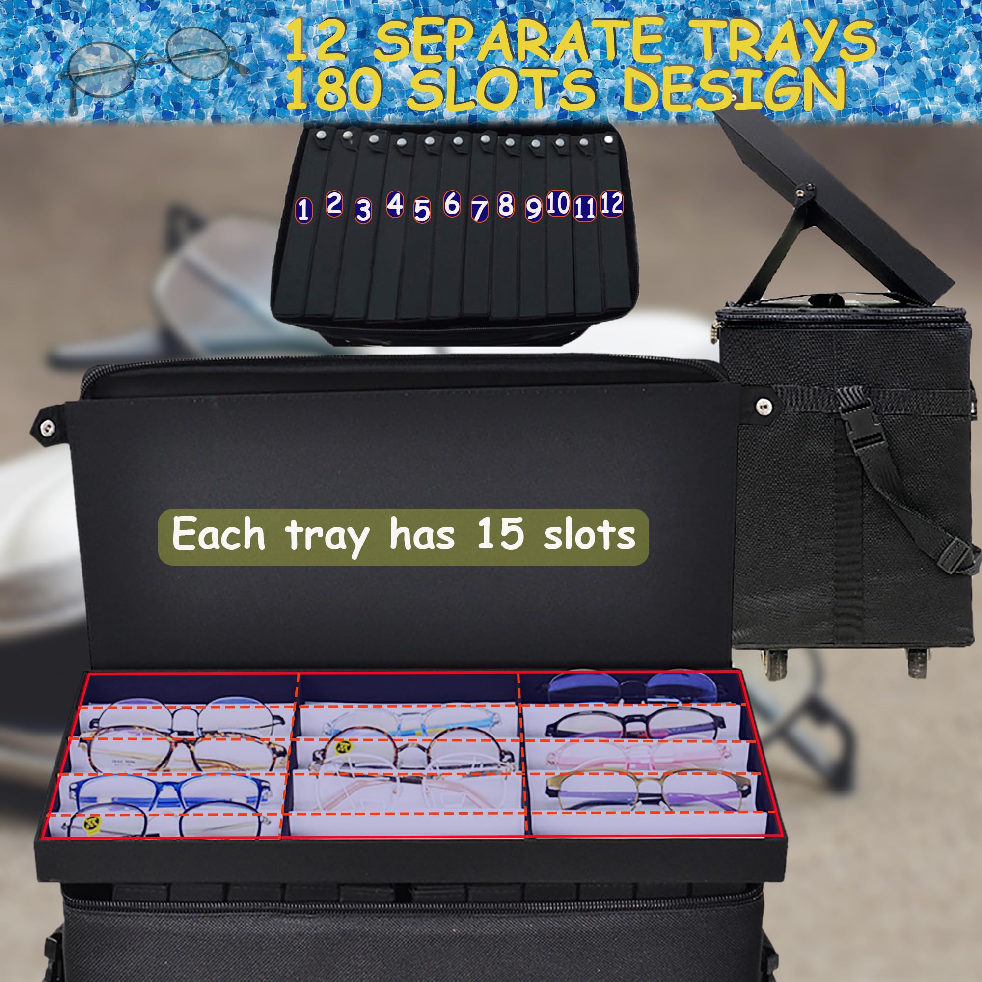 INTSUPERMAI Eyeglasses Storage Organizer - Portable Trolley Case with Individual Eyewear Display Box, Durable Oxford Cloth - Perfect for Opticians, Retail Stores & Home Glasses Organization