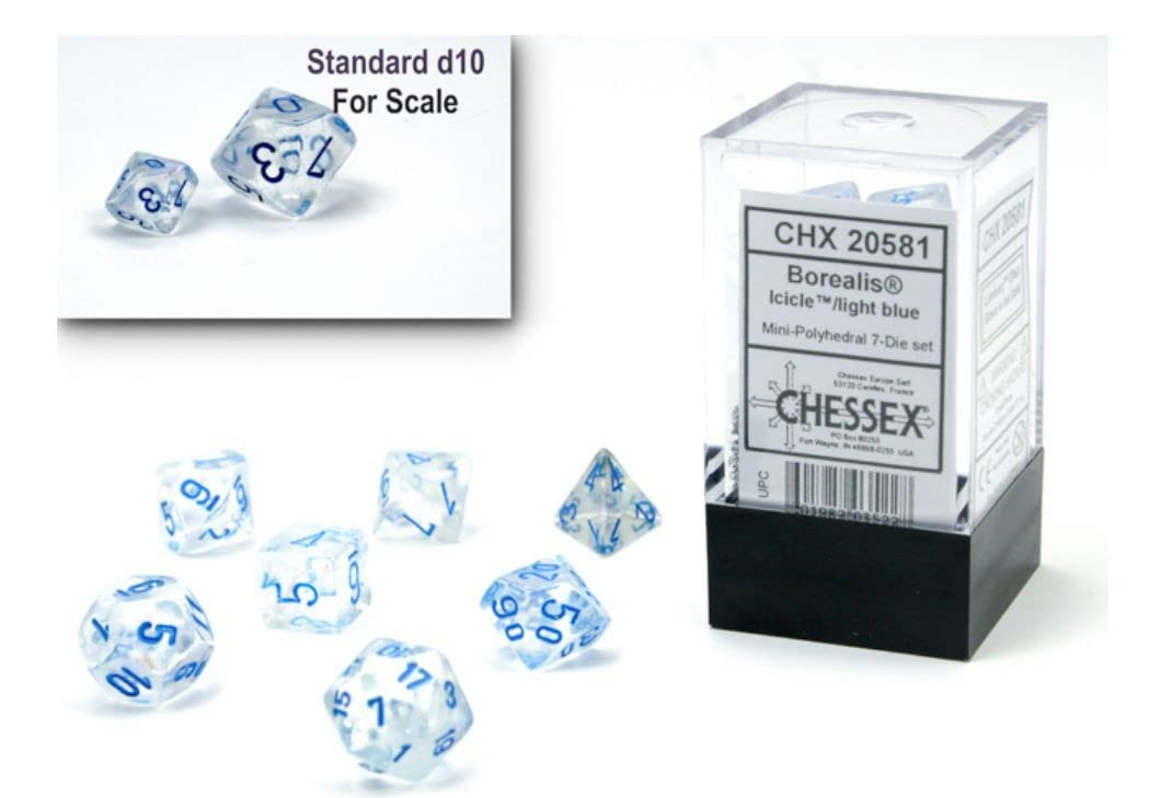 Chessex 10mm Borealis Light Blue Luminary Polyhedral Dice Set for Dungeons & Dragons D&D DND TTRPG - 7-Piece RPG Dice Set with D4 D6 D8 D10 D12 D20 D% (CHX20581) - Perfect for Tabletop Gaming, Roleplaying Adventures & Dice Collectors