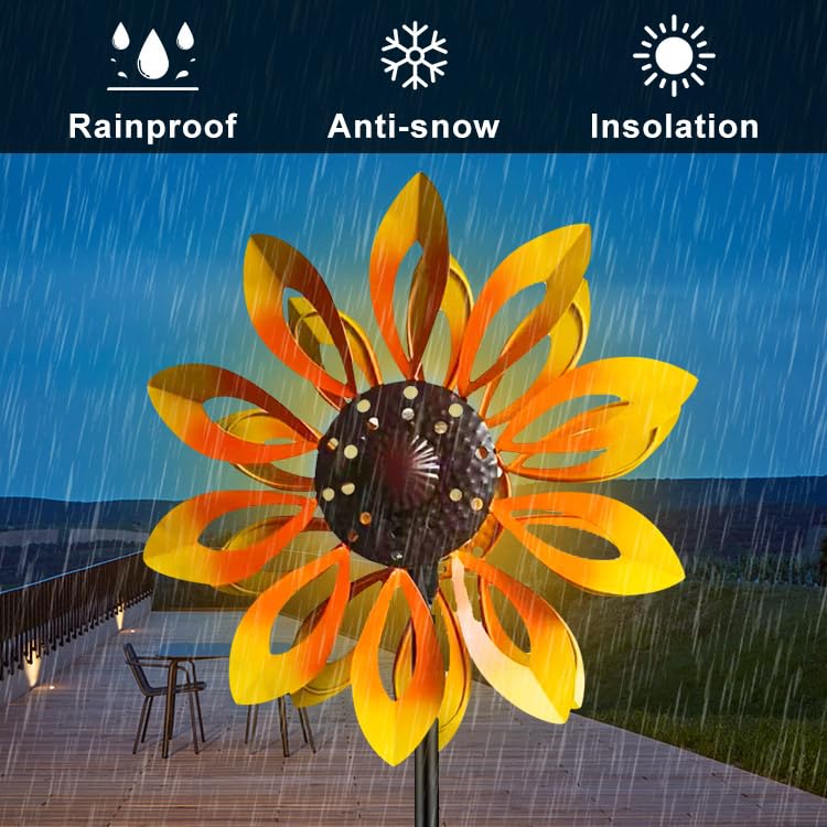 Solar-Powered Dual Direction Wind Spinner - Kinetic Metal Copper Bronze Yard Art for Garden, Lawn & Outdoor Decor | Weather-Resistant Spinning Ornament with LED Lights for Patio, Backyard & Landscape Decoration