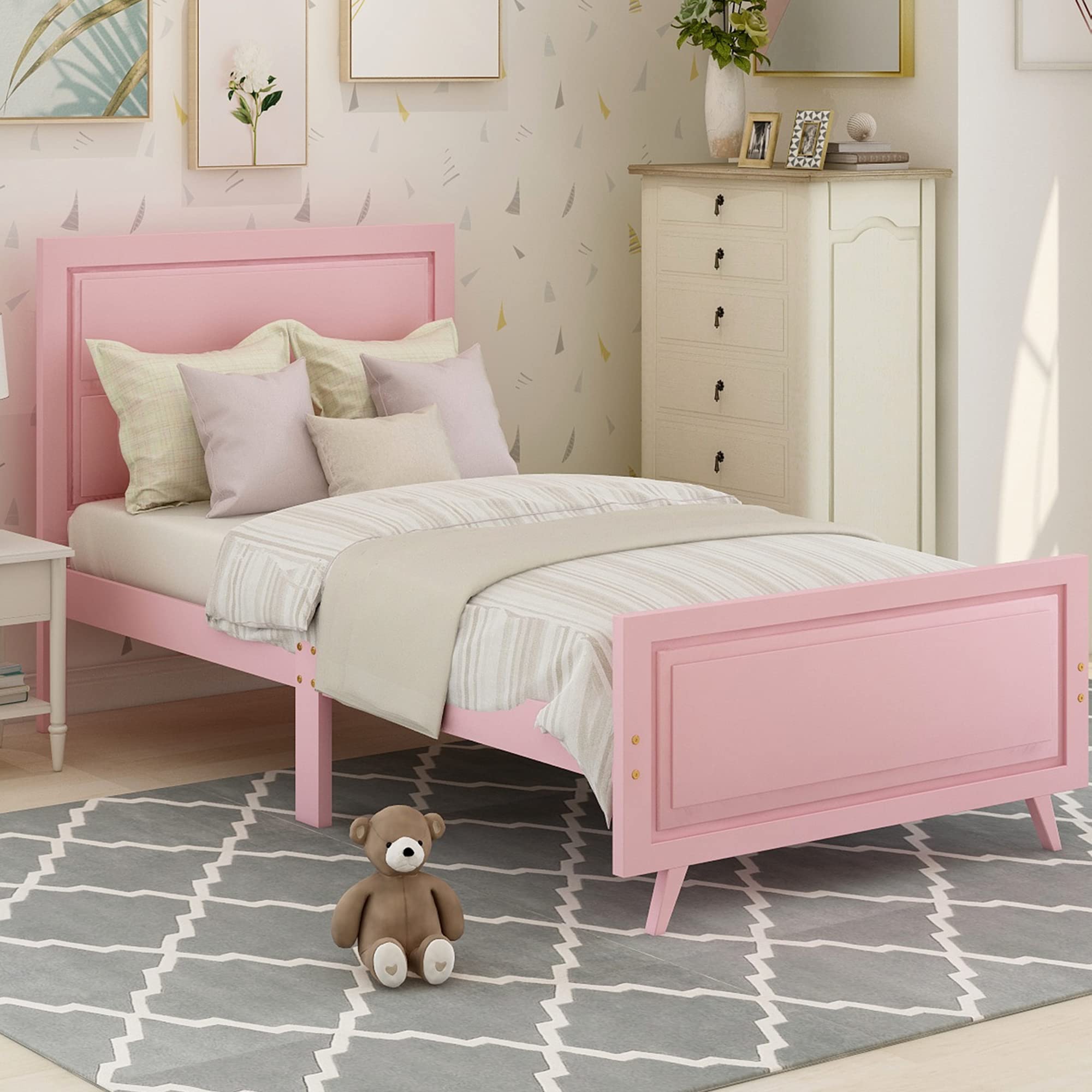 Merax Twin Size Wood Platform Bed Frame with Headboard & Footboard - Sturdy Wood Slat Support, No Box Spring Needed - Pink - Perfect for Kids' Rooms, Guest Bedrooms & Small Spaces