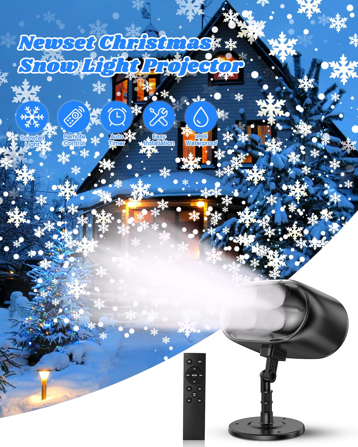 Christmas Snowflake Projector Lights Outdoor - Adjustable Dynamic Snow Light Show with Remote Control, 270° Rotating Outdoor Snow Falling Projector Lamp for Holiday Decorations, Yard, Garden, and Party Events