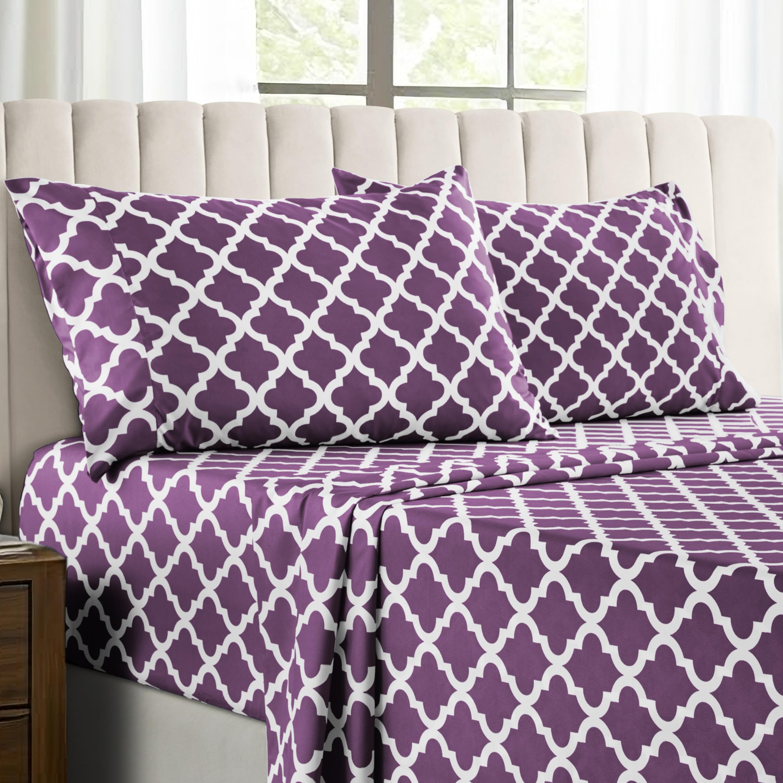 Lux Decor California King Size 4-Piece Cooling Bed Sheet Set - Breathable Hotel Style Microfiber Sheets with Deep Pockets | Soft, Wrinkle-Free & OEKO-TEX Certified Quatrefoil Design (Purple) - Perfect for Hot Sleepers & Luxury Bedroom Decor