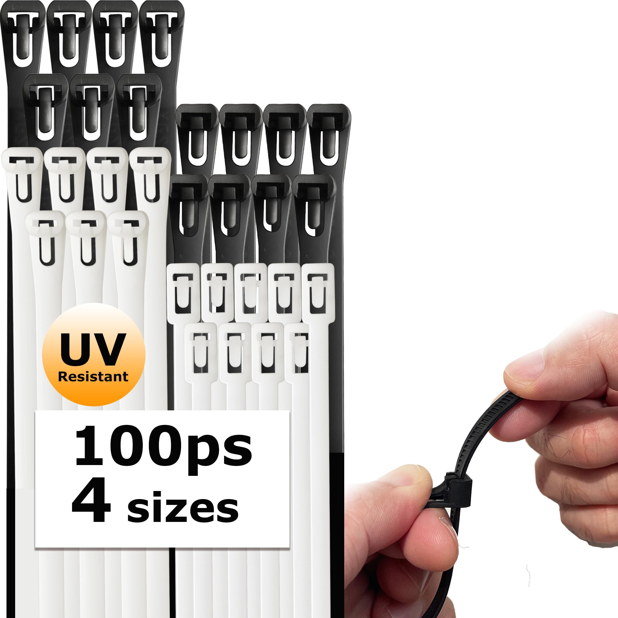 120 Lbs Tensile Strength Reusable Adjustable Nylon Cable Zip Ties - 100 PCS (6+8+10 Inch) Self-Locking Wire Ties for Electrical, Home & Office Organization - Heavy Duty Plastic Cord Management