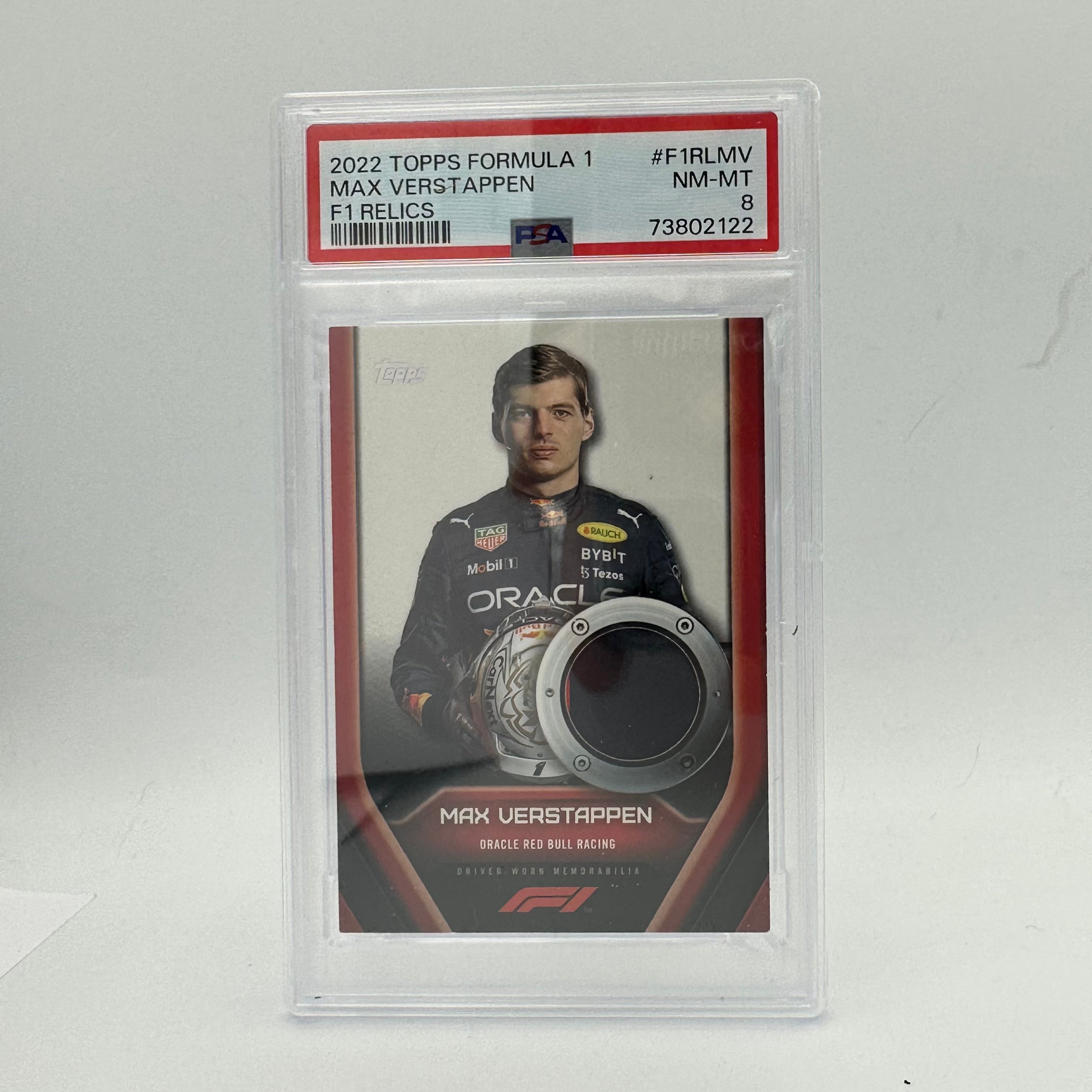 PSA 8 Graded Max Verstappen #F1RLMV Relic Card - F1 Racing Memorabilia for Collectors & Fans | Perfect for Display, Trading, and Sports Memorabilia Collections