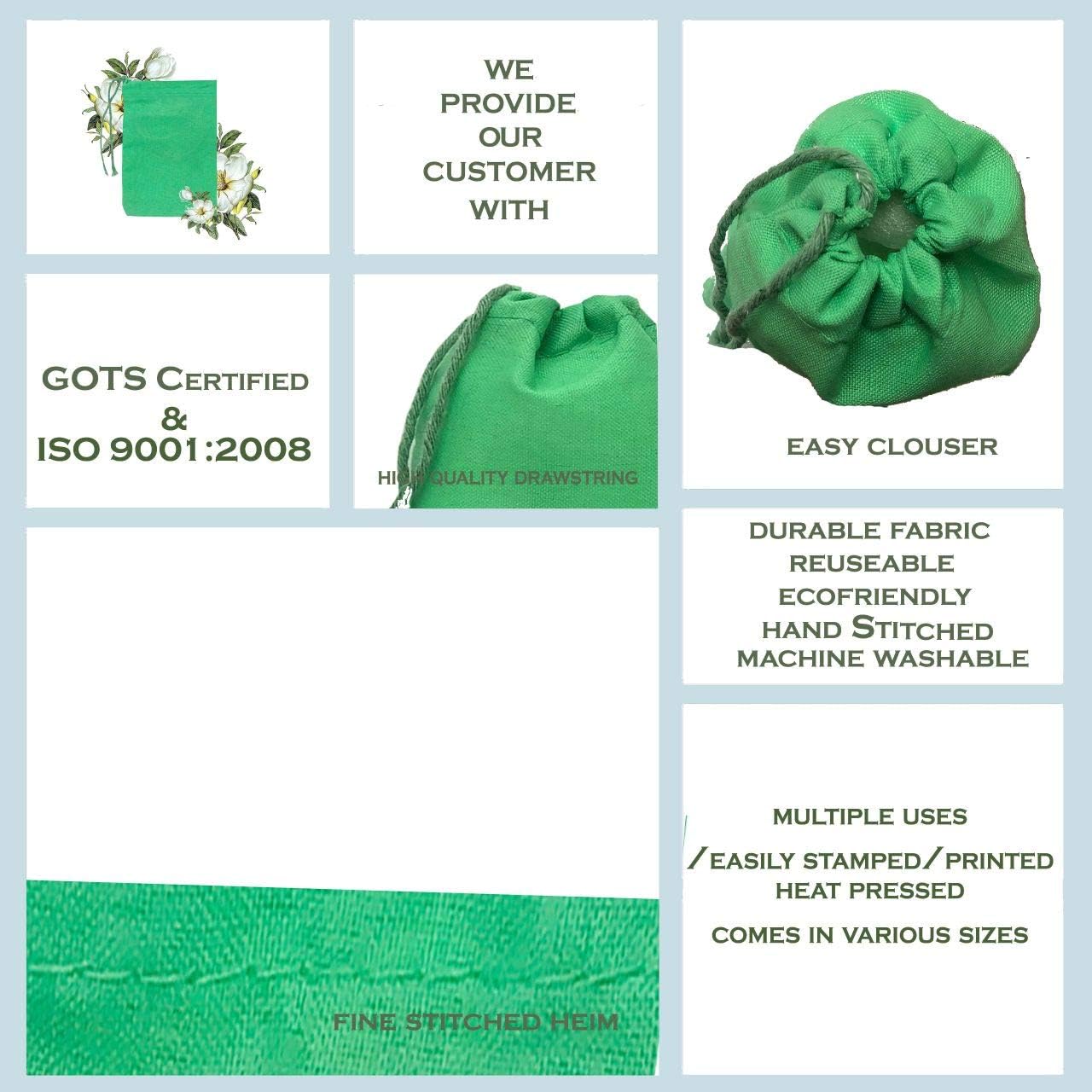 12x18 Inches Green Cotton Muslin Bags - Reusable, Biodegradable Produce Bags with Drawstring (Pack of 100) - Perfect for Grocery Shopping, Farmers Market & Bulk Food Storage
