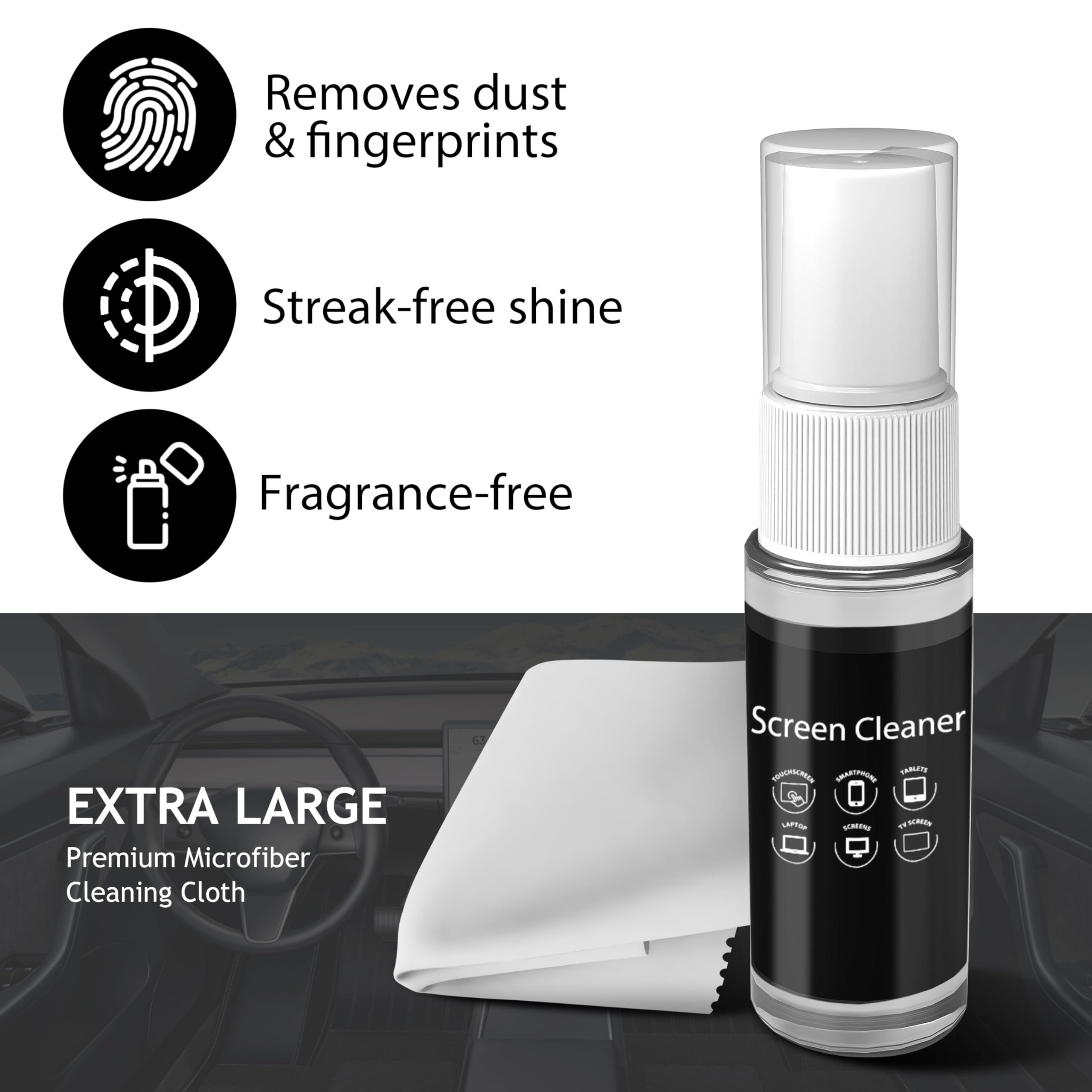 Premium Car Screen Cleaner & Interior Detailing Kit - Safe for Touch Screens, Dashboards, Laptops - Includes Spray, Wipes & Detailing Brush - Ideal for Tesla Model 3/Y, BMW, Honda - Perfect for Road Trips & Daily Commute Cleaning