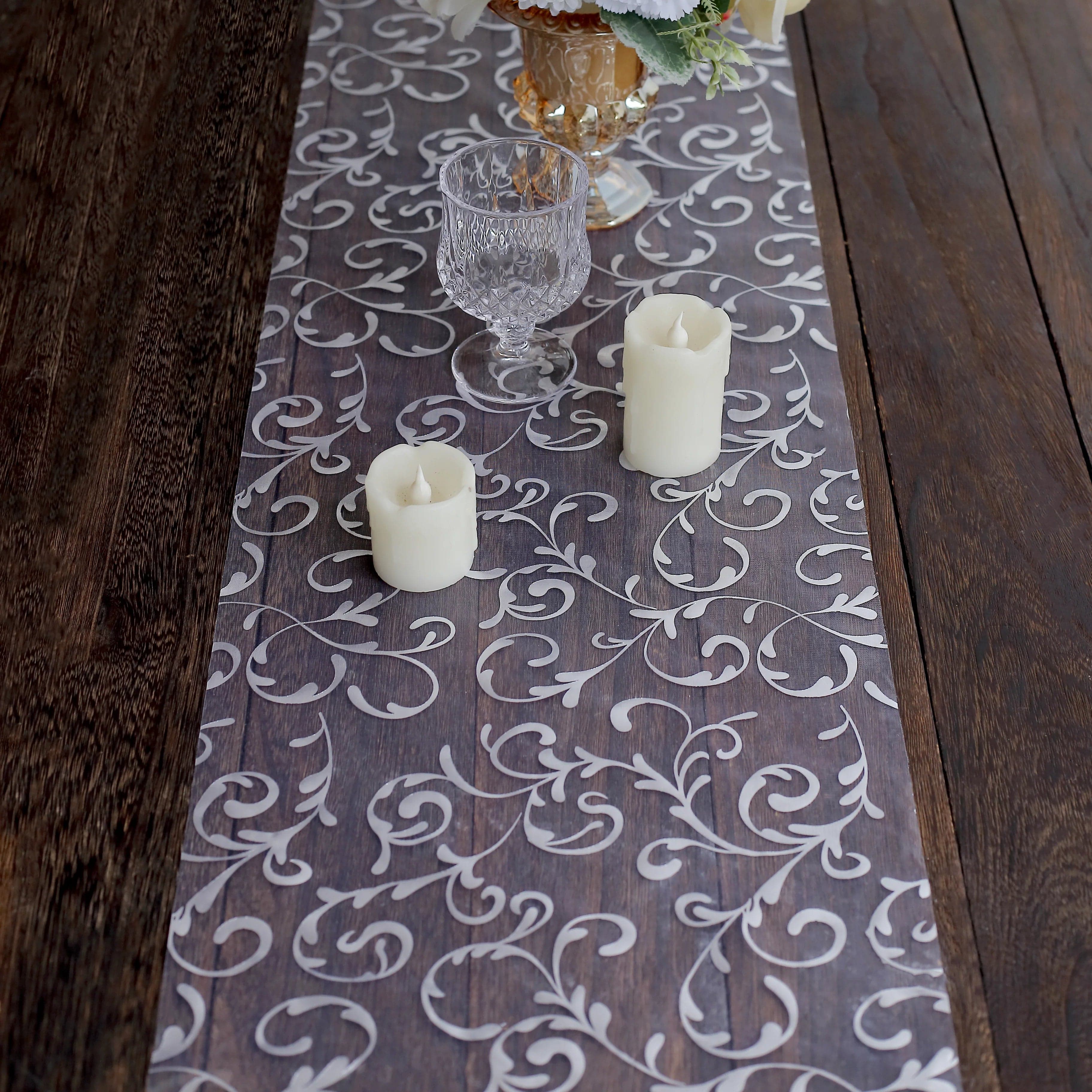 12-Pack 108-Inch Sheer Organza Table Runners with Embossed Floral Pattern - Elegant Wedding, Party & Banquet Decorations for Dining Tables