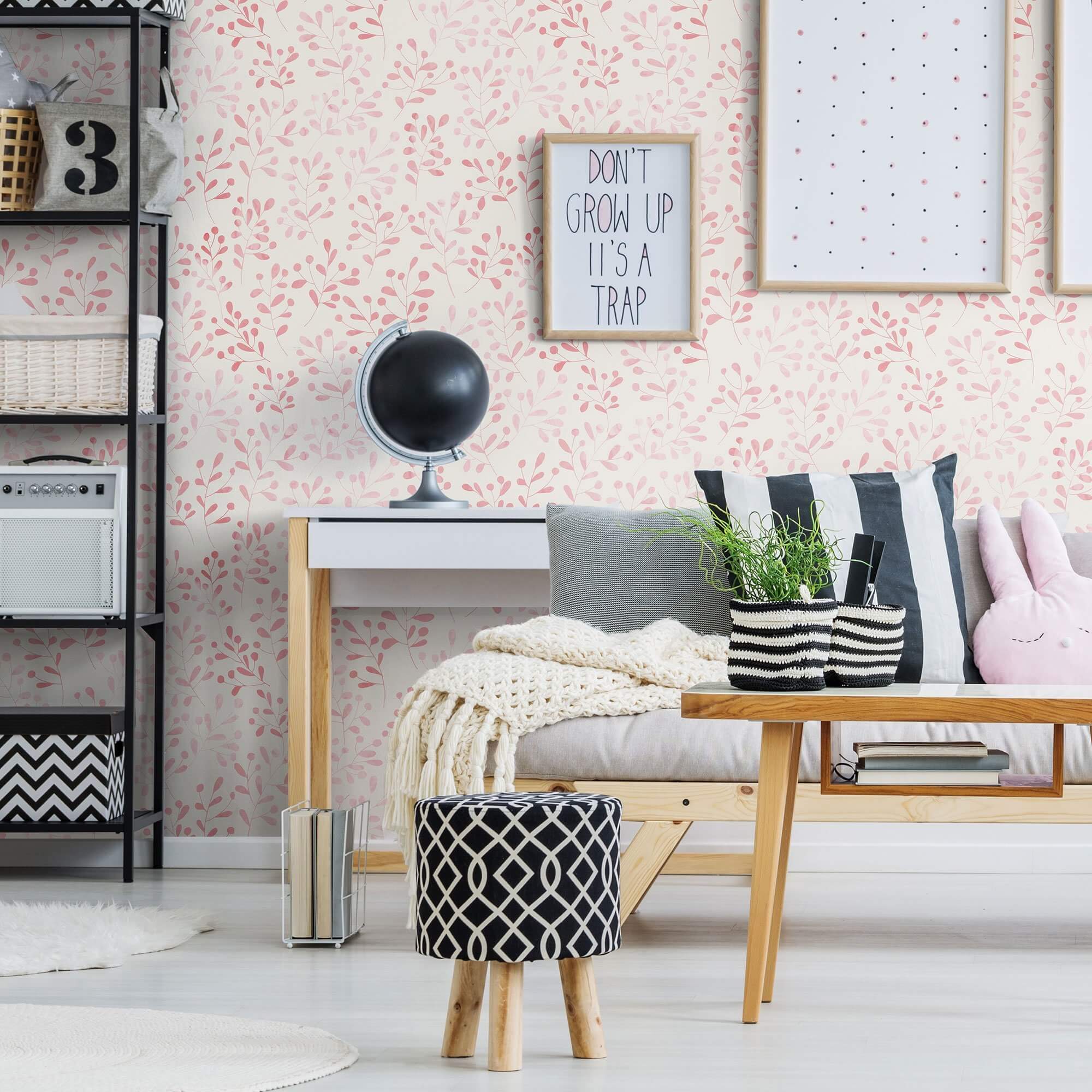 White and Pink Floral Peel and Stick Removable Wallpaper - Self-Adhesive Decorative Wall Covering for Bedroom, Nursery, Living Room & Home Office