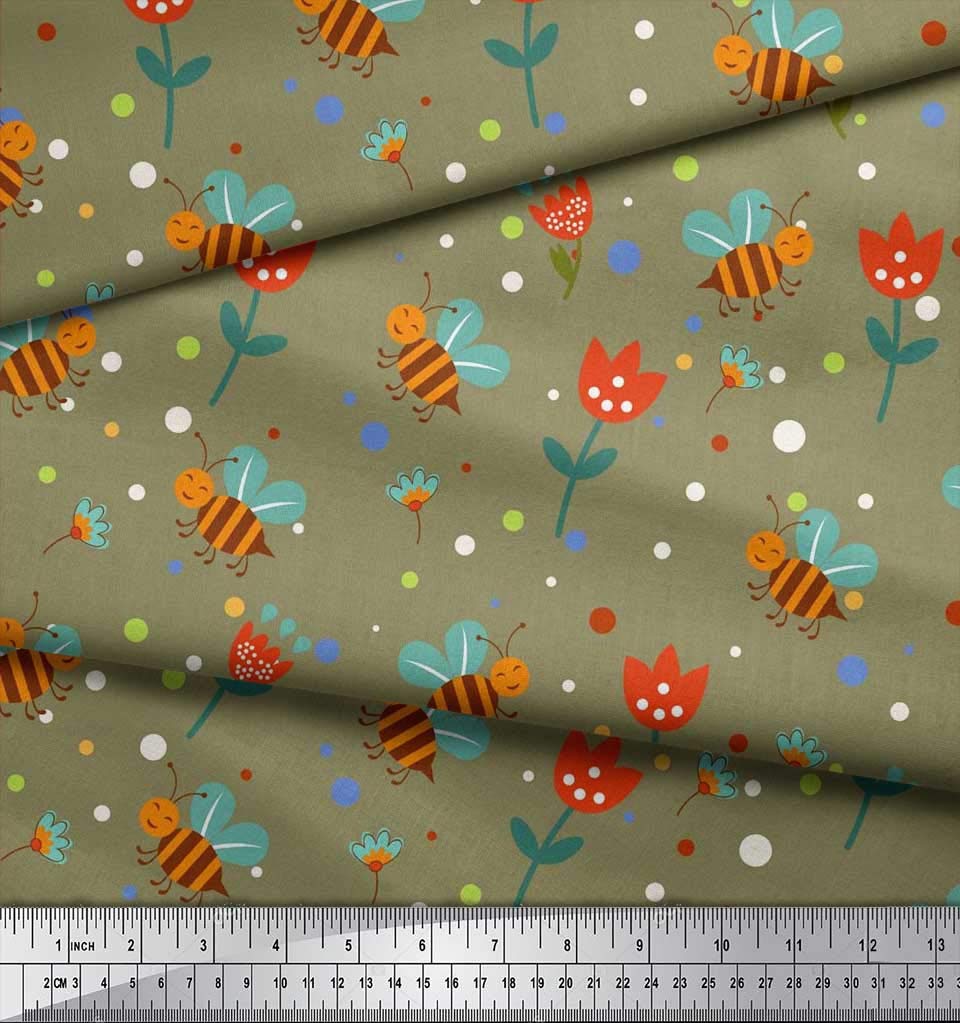 Soimoi Green Polyester Crepe Fabric - Floral Honey Bee Print for Sewing & Crafts