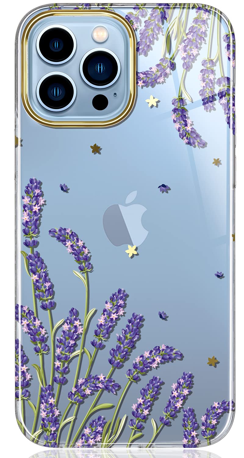 BAISRKE Clear Floral Shockproof Hard Case for iPhone 13 Pro Max (6.7 inch 2021) - Lavender Flowers Design, Girly Women's Protective Phone Cover | Perfect for Everyday Use, Office, Travel & Gift Giving